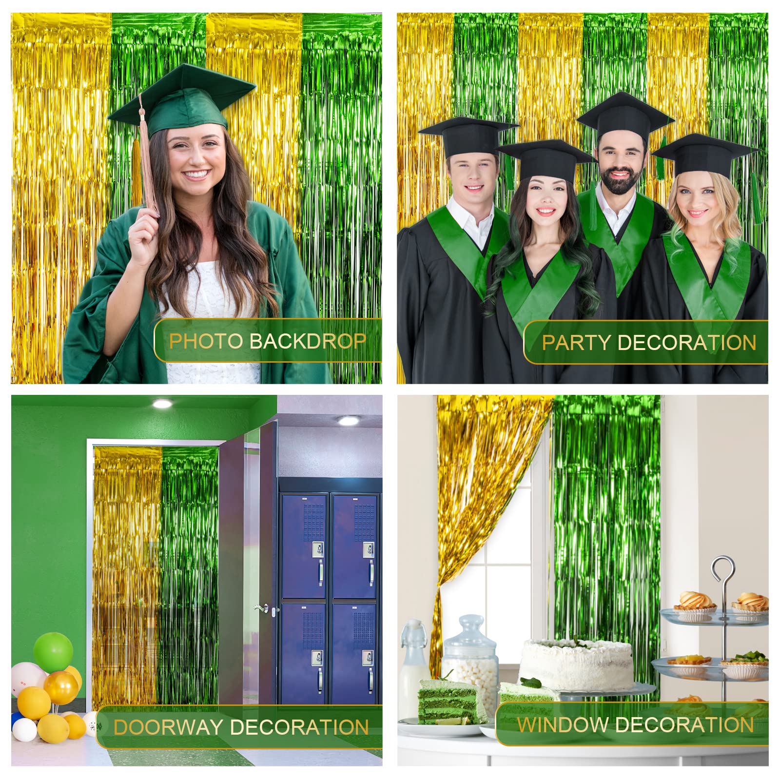 Lolstar 2 Pack Green And Gold 2024 Graduation Party Decorations, 3.3X6.6 Ft Foil Fringe Curtains, Graduation Photo Booth Props T