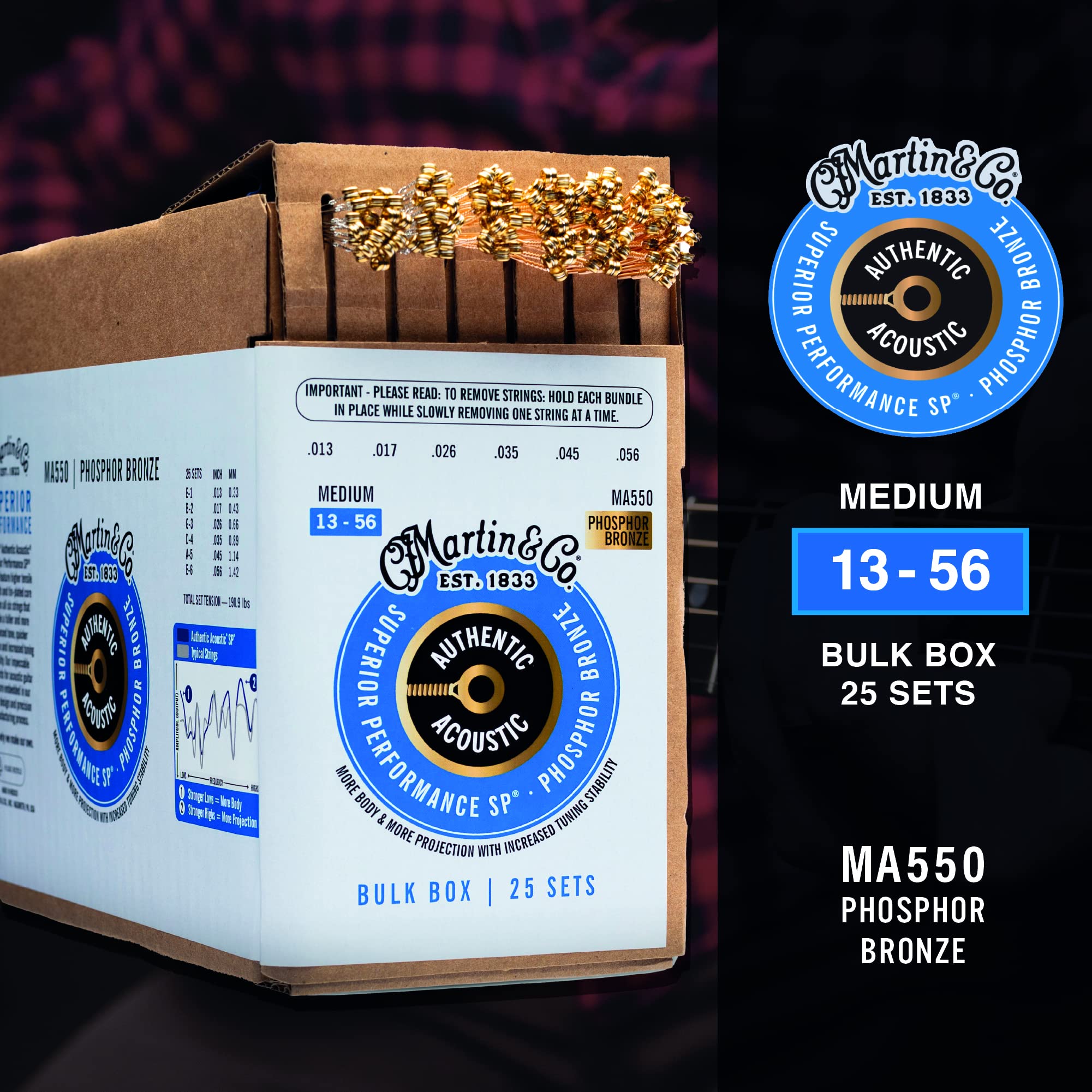 Martin Authentic Acoustic Guitar Strings, Superior Performance Medium 13 56, 92/8 Phosphor Bronze, 25 Sets
