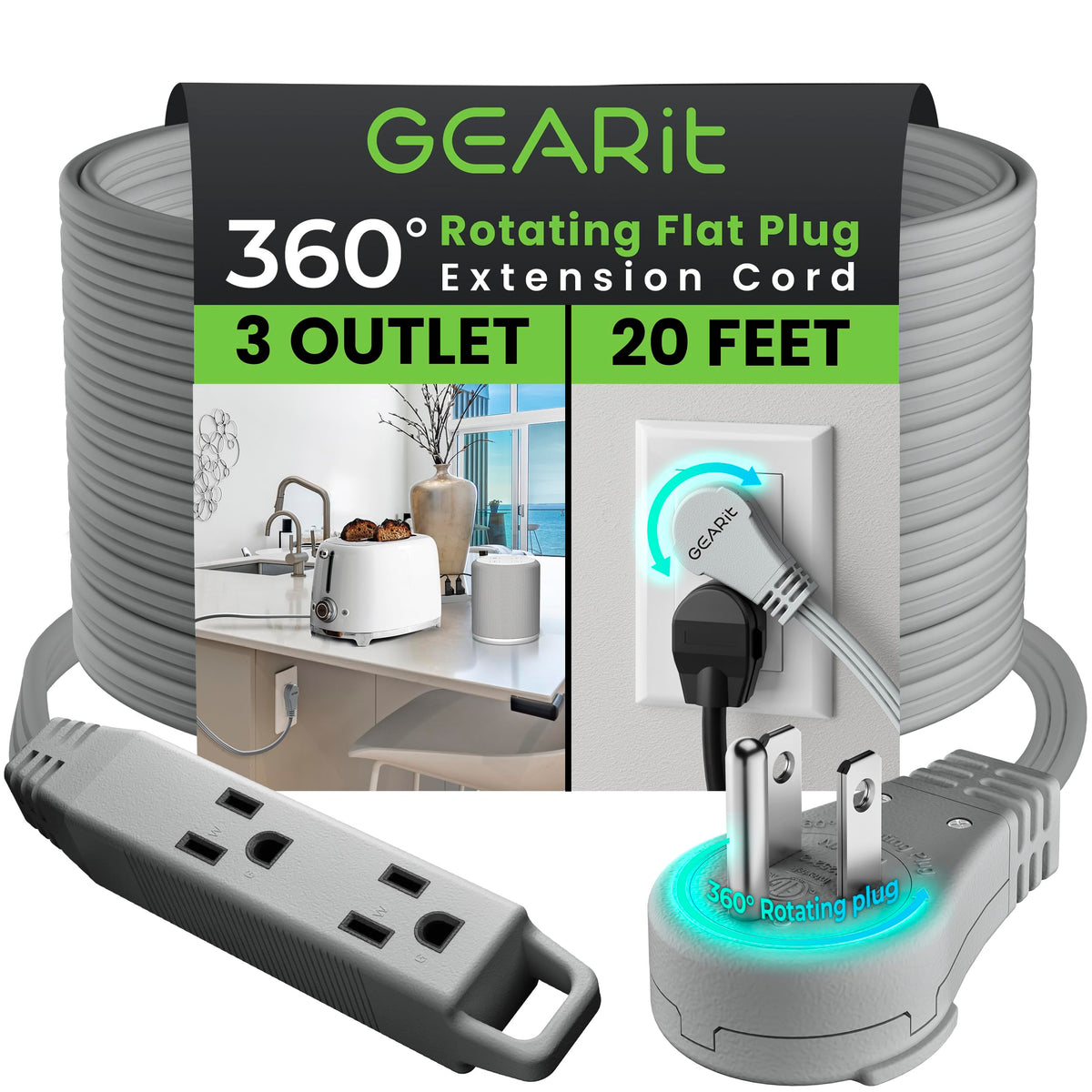 Gearit 360 Rotating Flat Plug Extension Cord With 3 Outlets (20Ft, Gray) 16Awg/13A 3 Prong Wire, Outlet Saver For Home Office Do