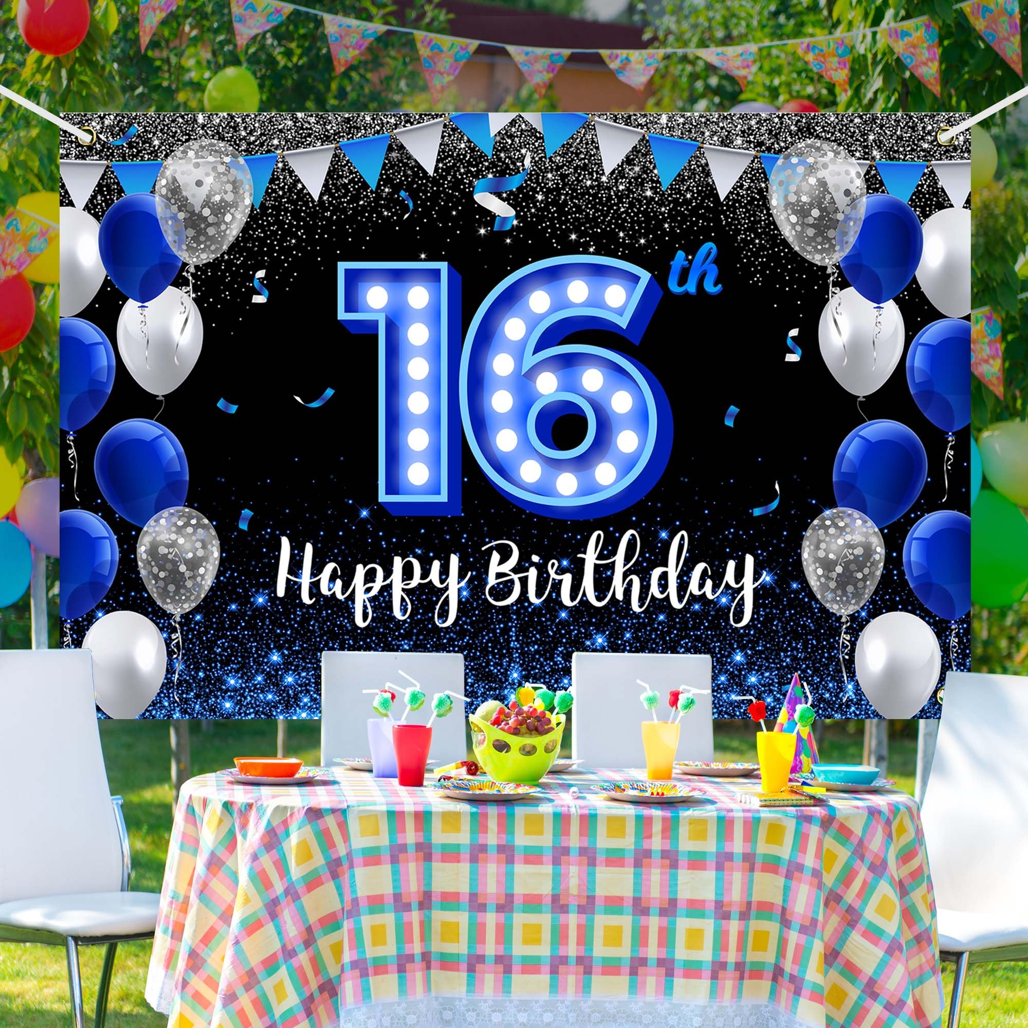 Happy 16Th Birthday Backdrop Banner Blue Black Theme Background With Blue Neon Light Shiny Fashion Birthday Party Photo Photogra