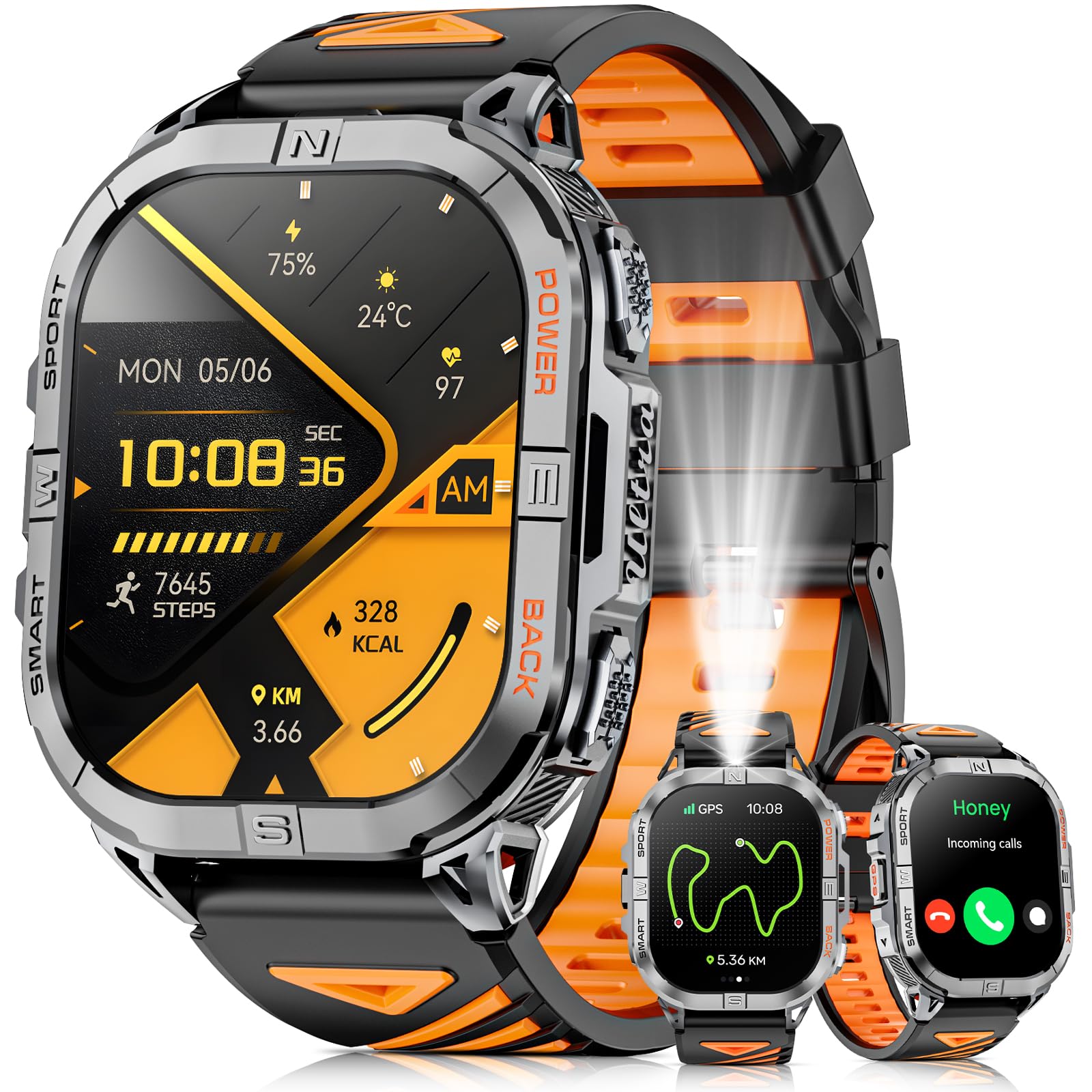 Joautrial Military Smart Watch for Men Built-in GPS with LED Flashlight Compass, 2.13 AMOLED Tactical Smart Watches with Answer/