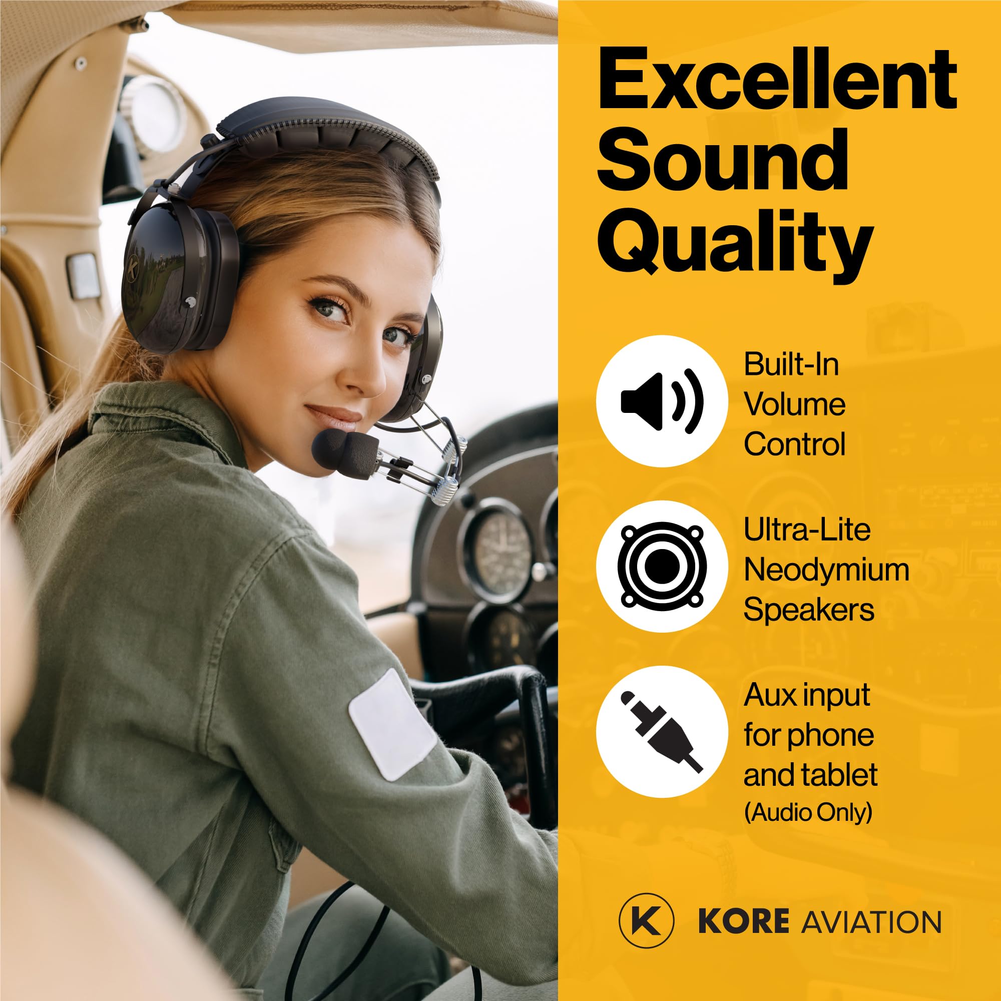 Kore Aviation P1 General Aviation Headset For Pilots | Mono, 24 Db Passive Noise Reduction Rating, Noise Canceling Microphone, A