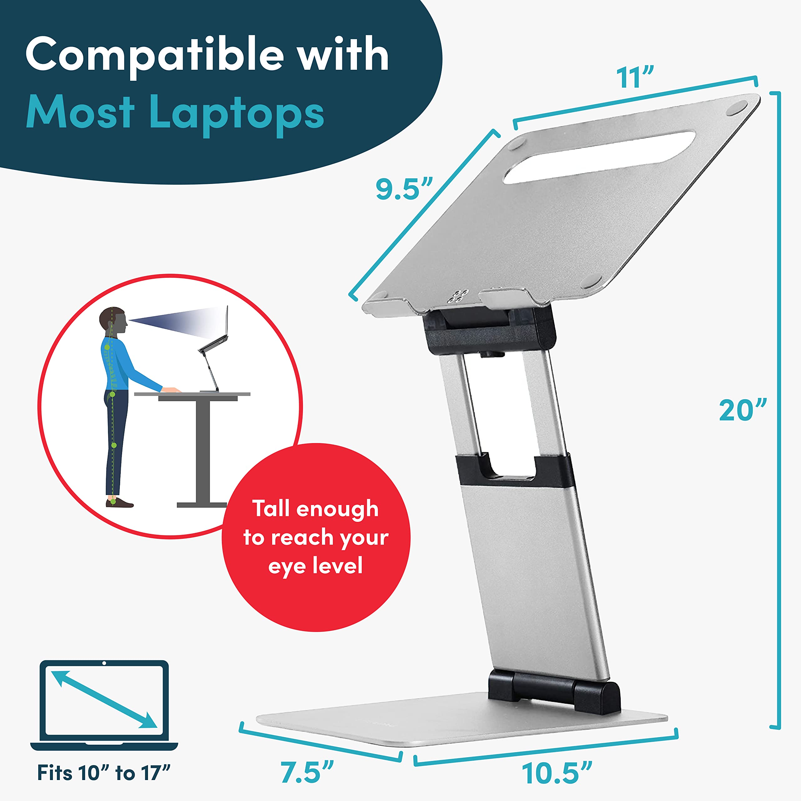 Laptop Stand For Desk, Ergonomic Sit To Stand Laptop Holder Convertor, Adjustable Height From 2.1'' To 13.8'', Supports Up To 22