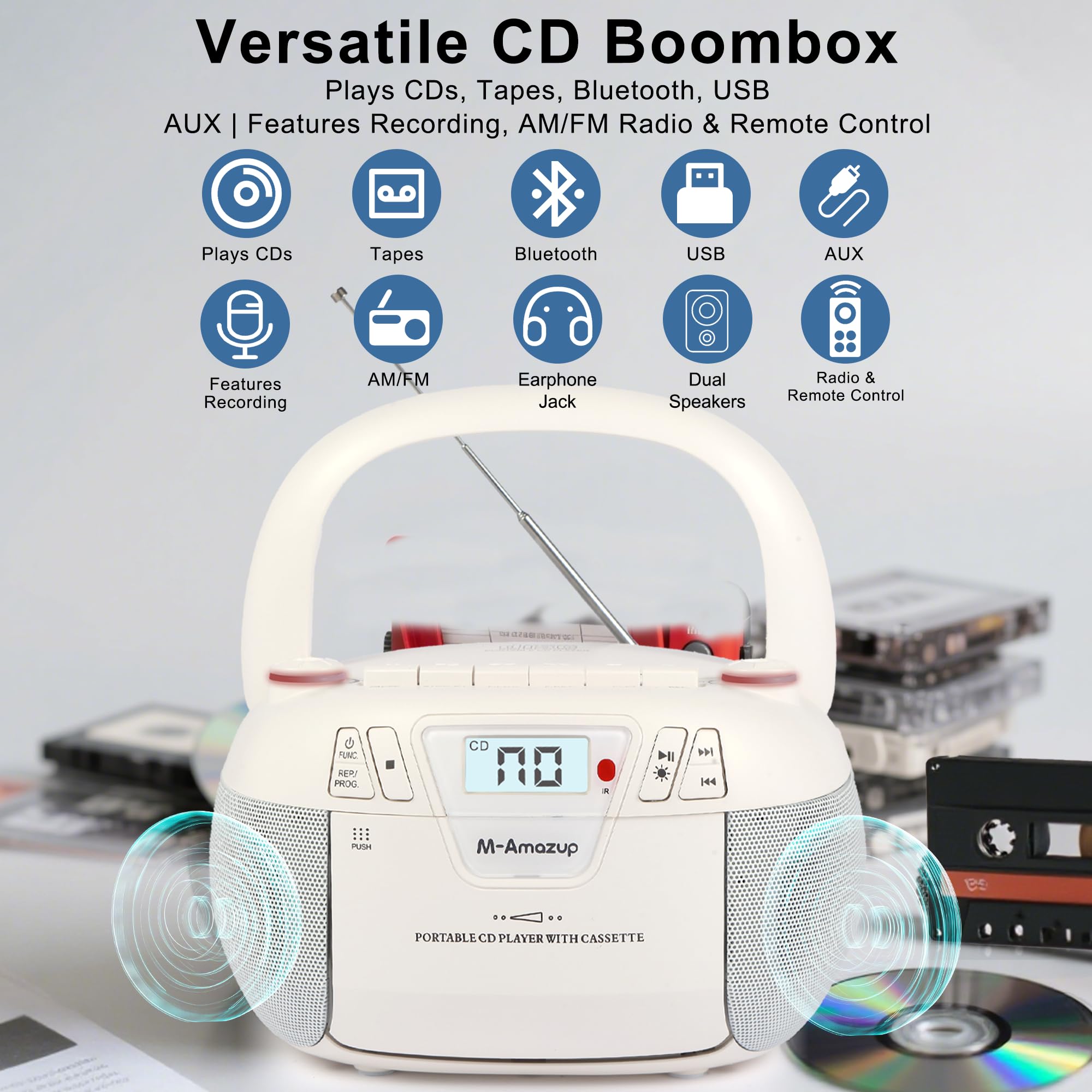 M-Amazup Boombox Cd Player Portable Cassette Player With Cd Mp3 Bluetooth Aux Tf/Usb Am/Fm Radio Ac/Dc Powered With Remote Contr