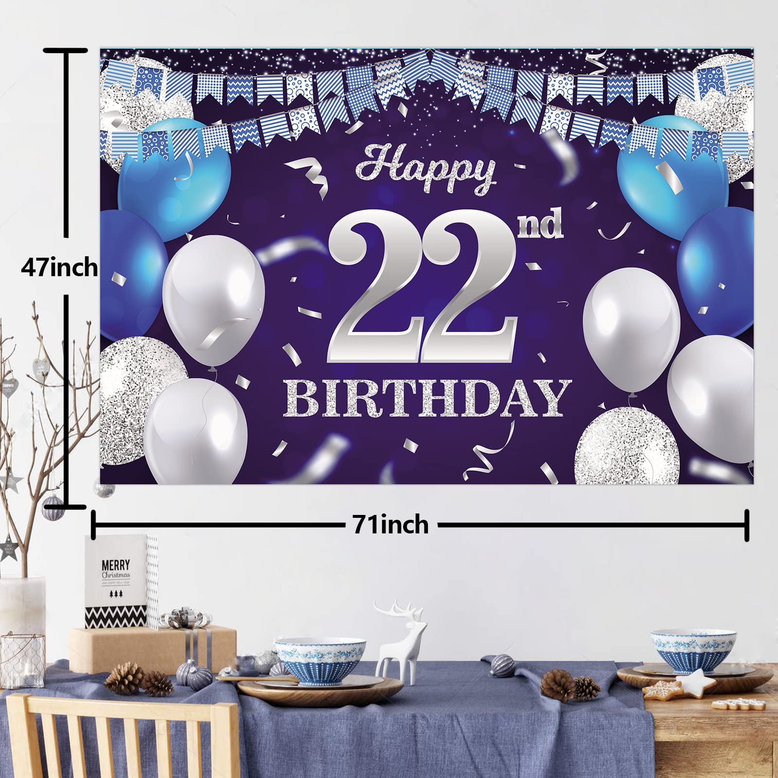 Happy 22Nd Birthday Banner Backdrop Navy Blue Balloons Confetti Stripe Flag Light Spots Cheers To 22 Years Old Theme Decorations