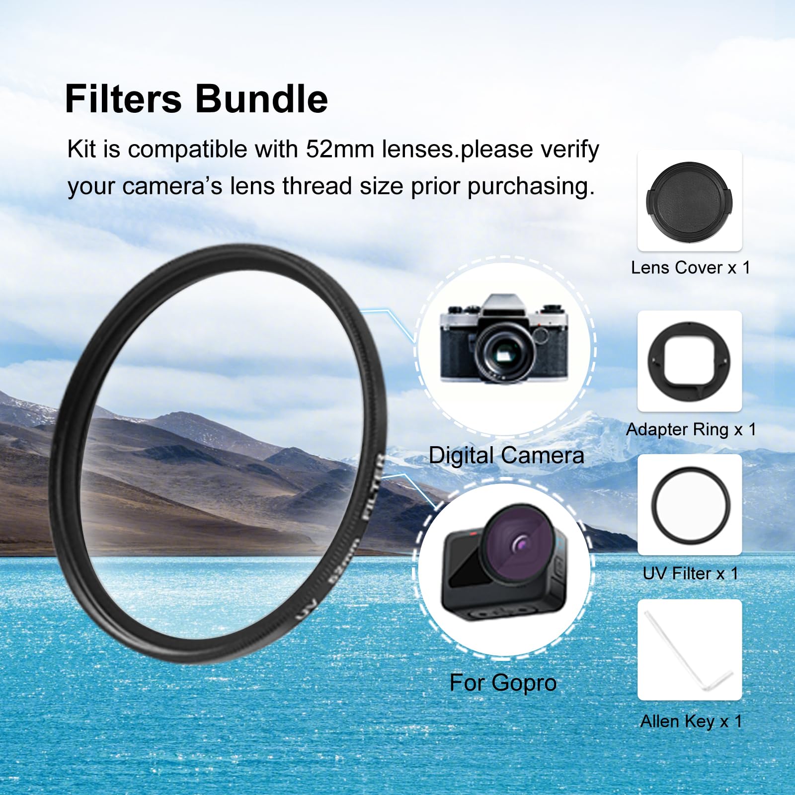 Puluz 52Mm Uv Lens Filter Adapter Ring For Gopro Hero11 Black / Hero11 Black Mini / Hero10 Black / Hero9 Black Camera Lens Adapter Ring Camera Filter Accessories