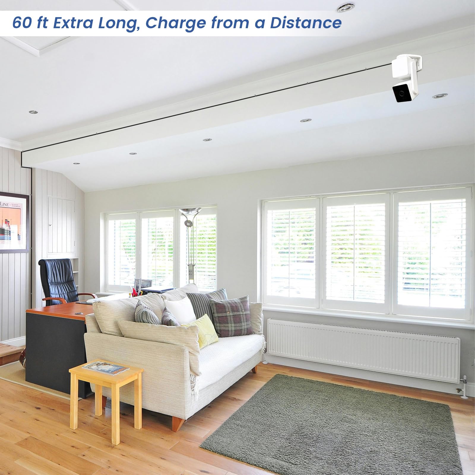 60 Ft Extension Cable For Wyze Cam Pan V3 Outdoor Camera, L Shaped Flat Power Cord, Black