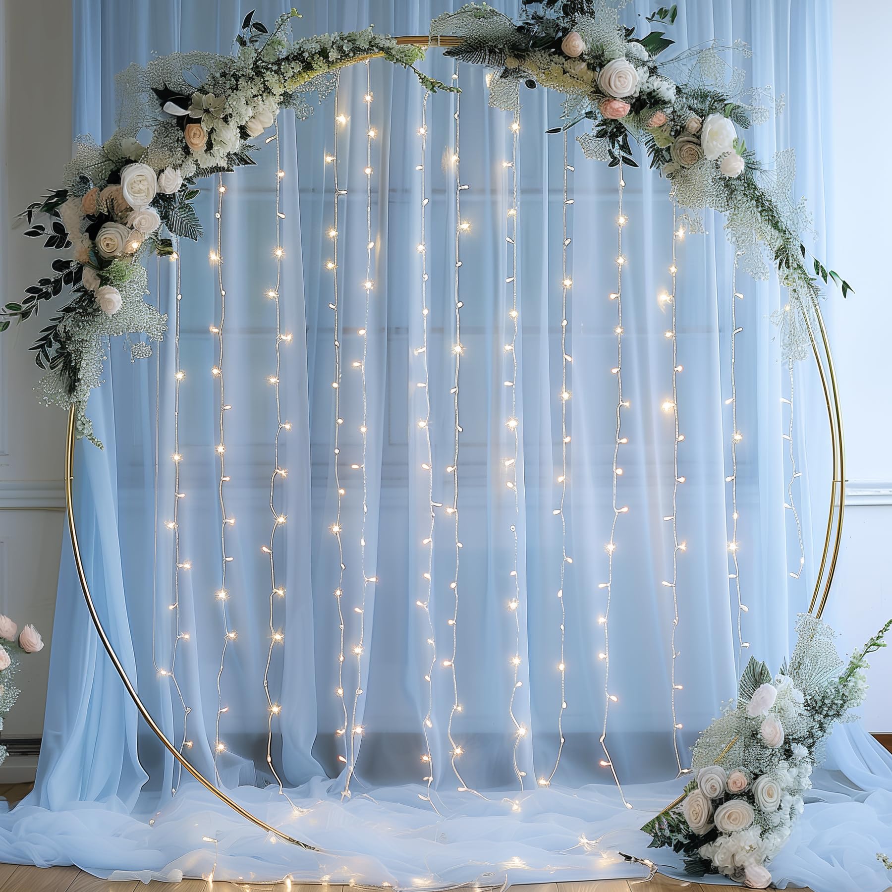 20X10Ft Baby Blue Tulle Backdrop Curtain With Lights String For Parites, Sheer Backdrop Curtains For Wedding Baby Shower Birthda
