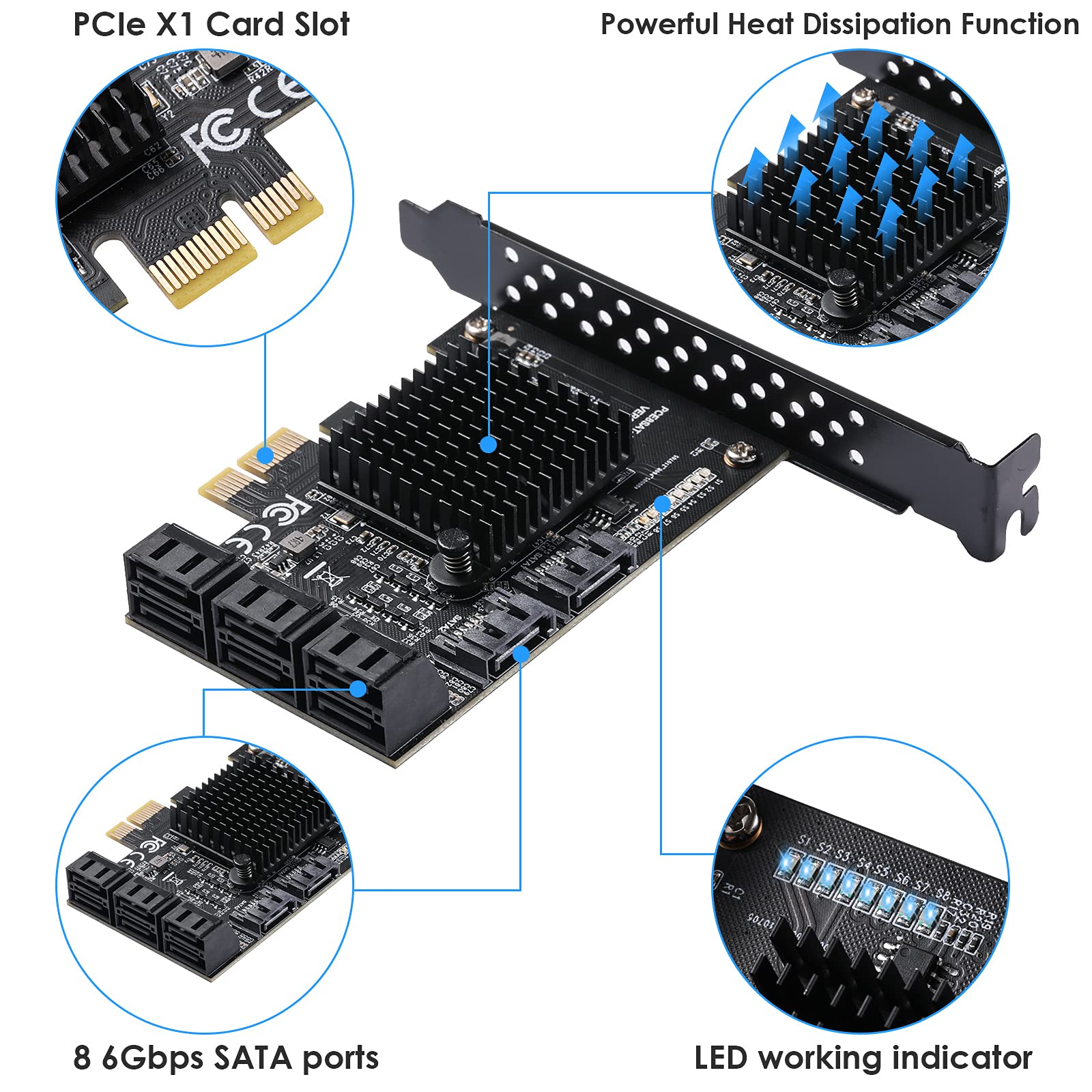 Beyimei Pcie Sata Card 8 Ports, With 8 Sata Cables, Power Splitter Cable Andlow Profile Bracket,Sata 3.0 Controller Expansion Card, Pci E X1 3.0 Gen3 (6Gbps) Controller Card (Asm1064+Jmb575)