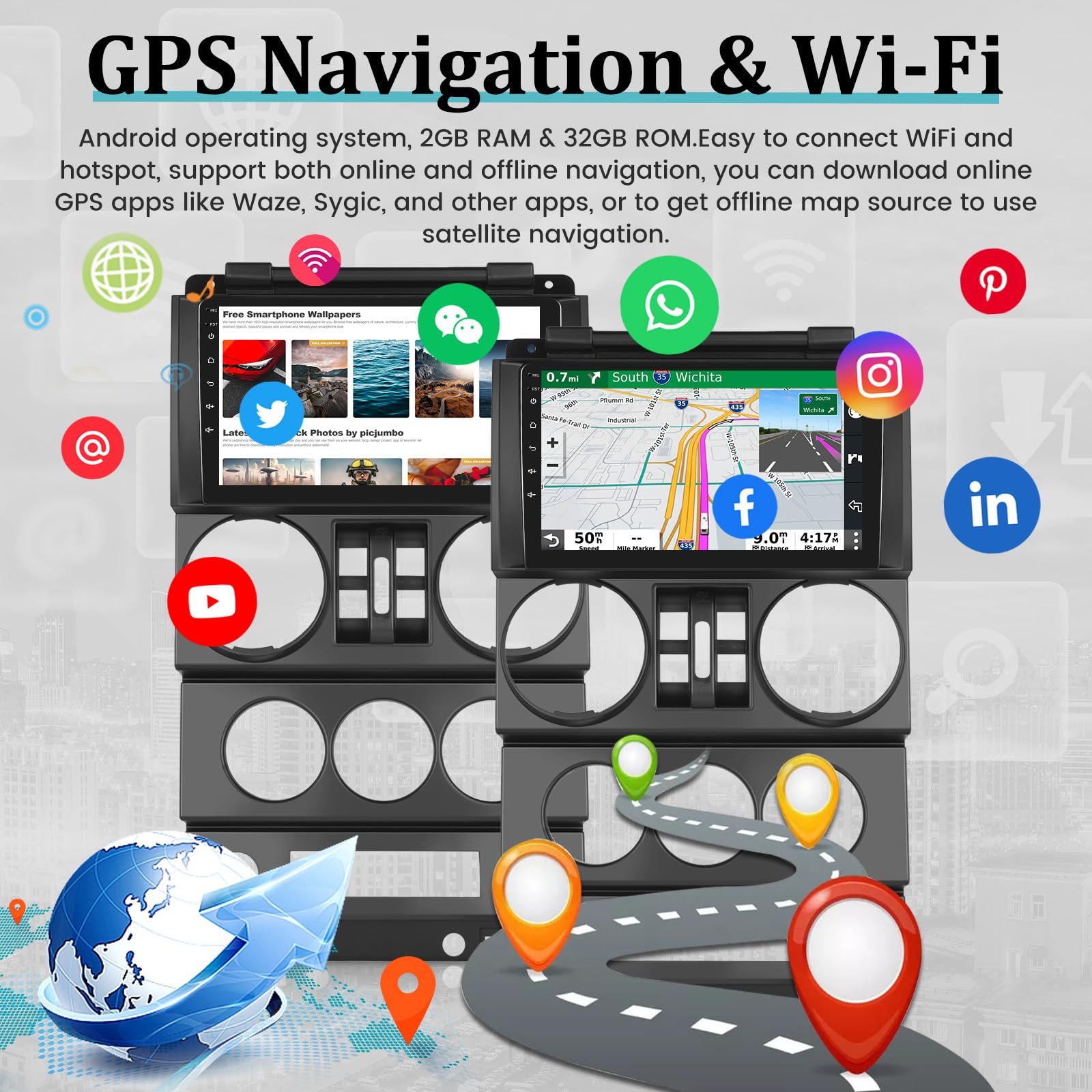 For Jeep Wrangler (4 Doors) 2007 2008 2009 2010 With Wireless Apple Carplay And Android Auto, 2+32G 9 Inch Touchscreen Android C