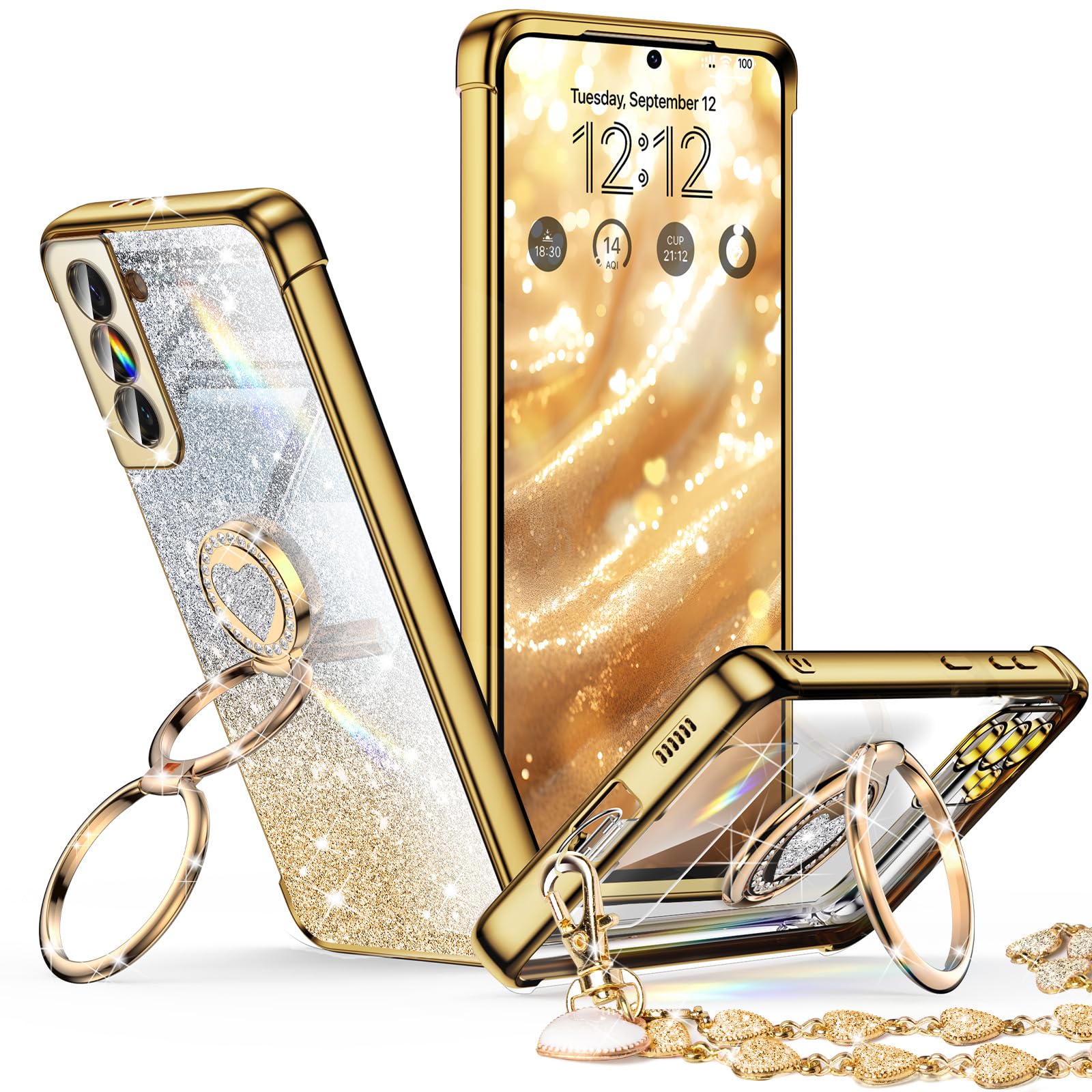 Xyz For Samsung Galaxy S21 Case With Stand, Galaxy S21 Case With Double Ring, Women Girls Bling Luxury Glitter Clear Phone Case