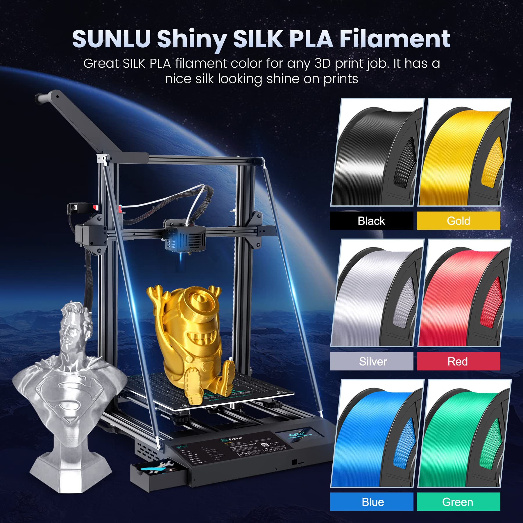 Sunlu 3D Printer Silk Filament,Shiny Silk Pla Filament 1.75Mm, Smooth Silky Surface, Great Easy To Print For 3D Printers, Dimens