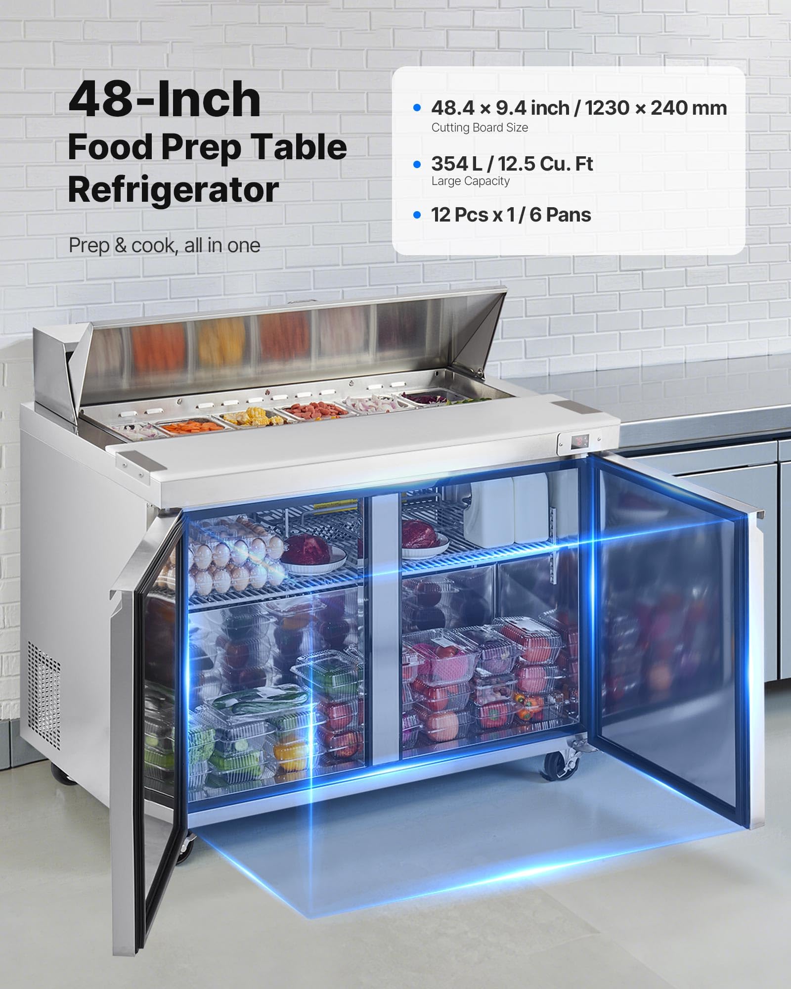 Vevor 48W Commercial Refrigerator, 12.5 Cu. Ft Sandwich Prep Refrigerated Table, Mega Top Food Prep Fridge With 12 Pans And Cutt