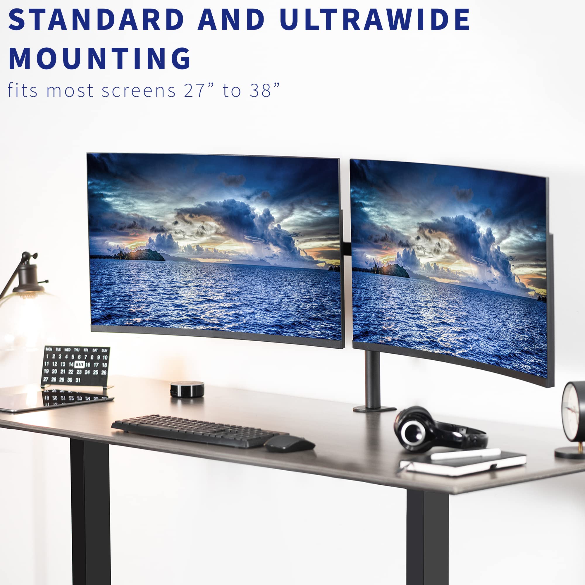 VIVO Premium Dual Ultra Wide LCD LED 27 to 38 inch Monitor Desk Mount, Heavy Duty, Adjustable Telescoping Arms, Flush Wall Setup, Fits 2 Screens, Black, STAND TS38C