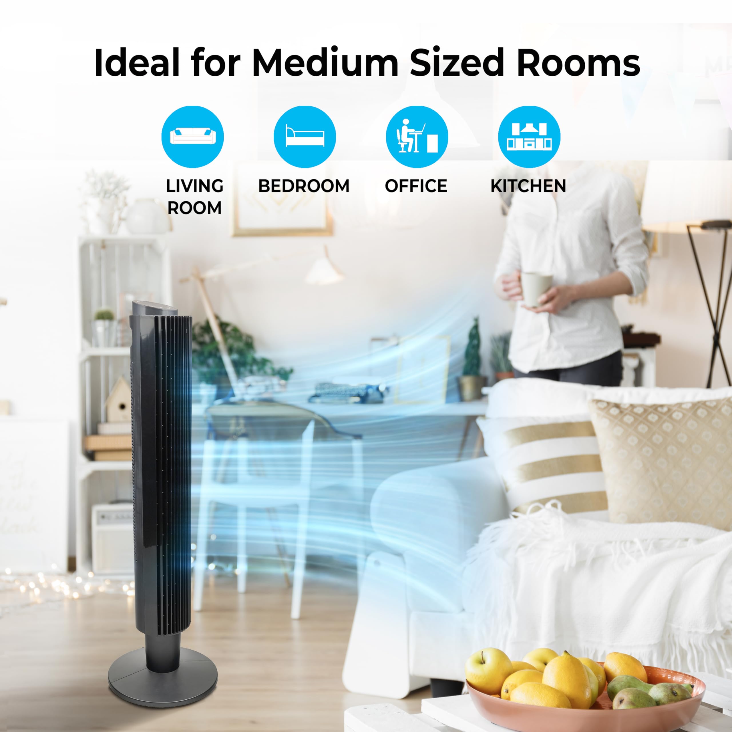 Comfort Zone Tower Fan For Bedroom, 42 Inch, 5 Speeds, 3 Modes, Oscillating Stand Fan With Remote, 12H Timer, Adjustable Base 36