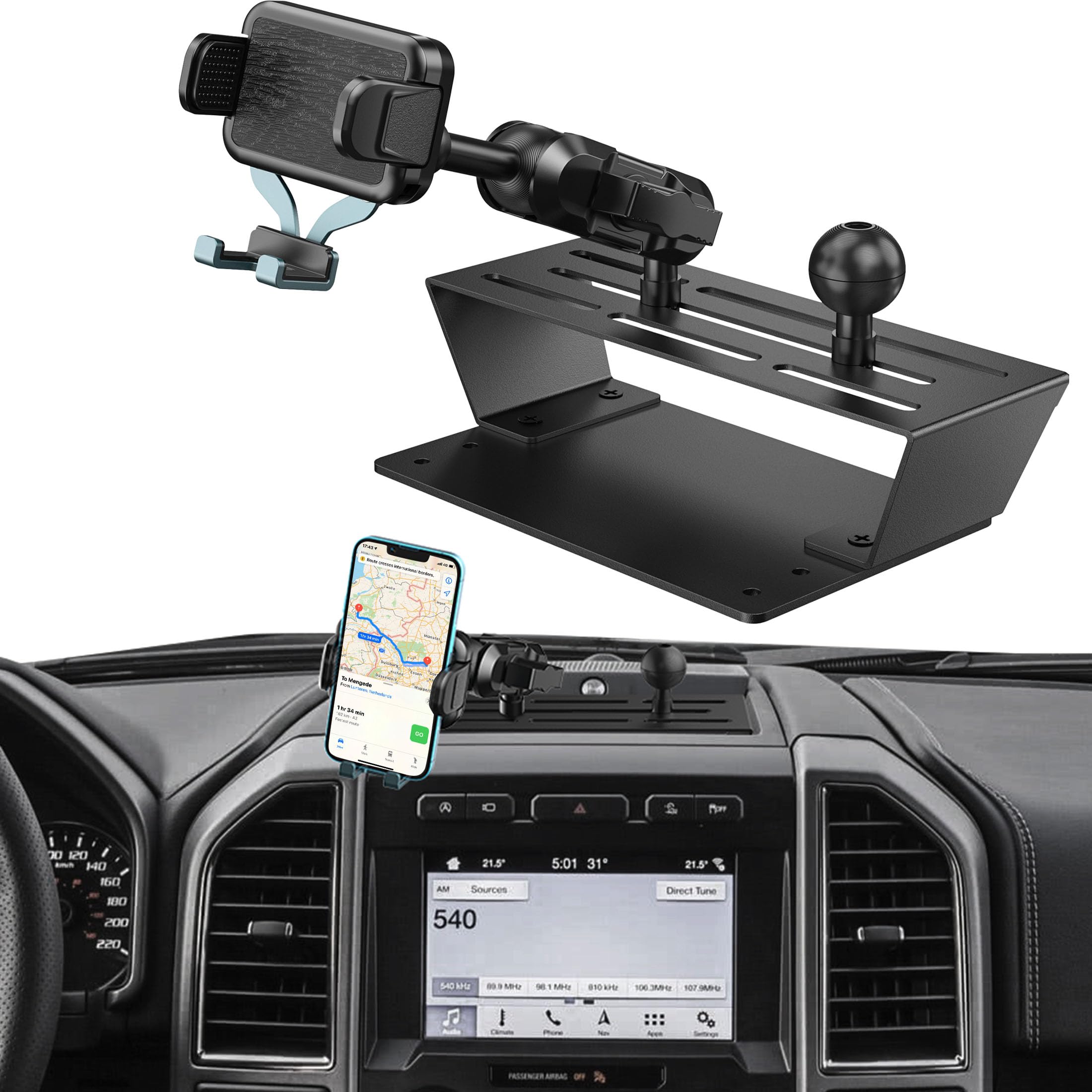 Surfcabin Dash Mount Phone Holder Compatible With 2015-2020 F150 2017-2022 F250 F350 Metal Cellphone Mounting Bracket Stand For 