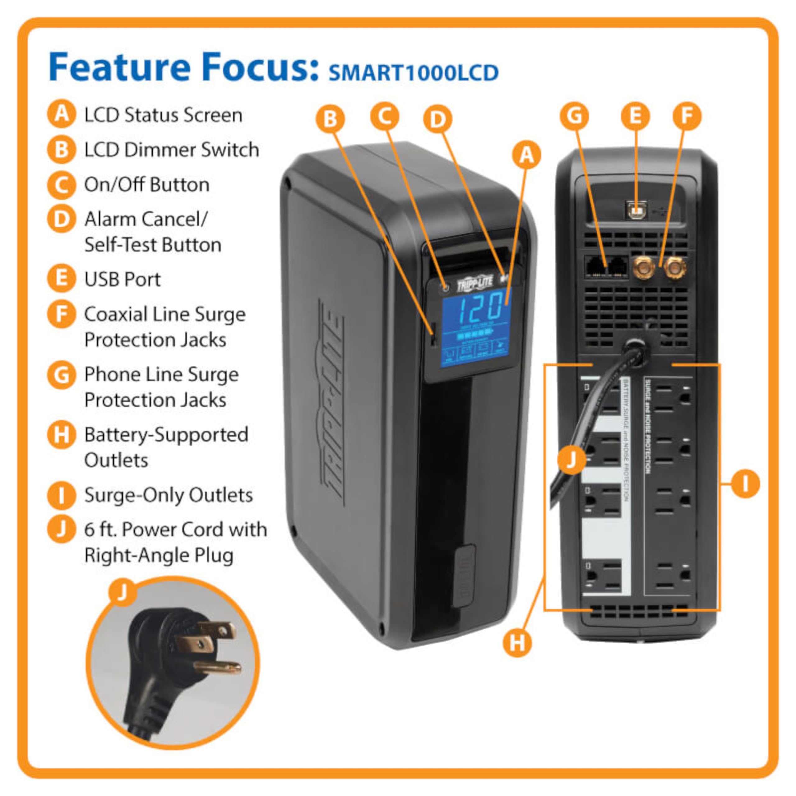 Tripp Lite 1000Va Smart Ups Battery Back Up, 500W Tower, 8 Outlets, Lcd Display, Avr, Usb, Tel / Dsl / Coax Protection, 3 Year W