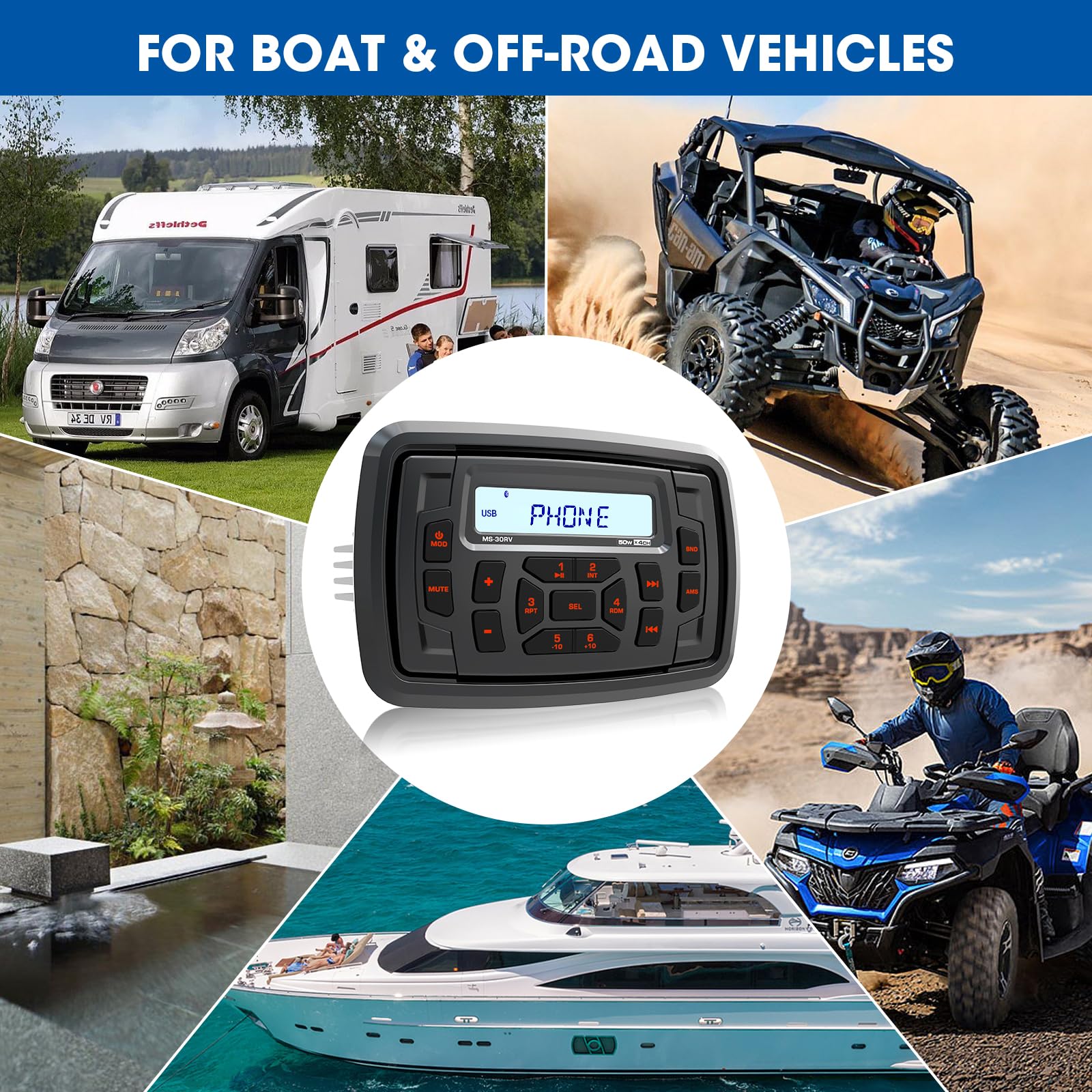 Bluetooth Marine Radio Receiver Waterproof   200 Watts Boat Stereo Head Unit With Subwoofer Usb Aux Am Fm For Atv Utv Rzr Motorc