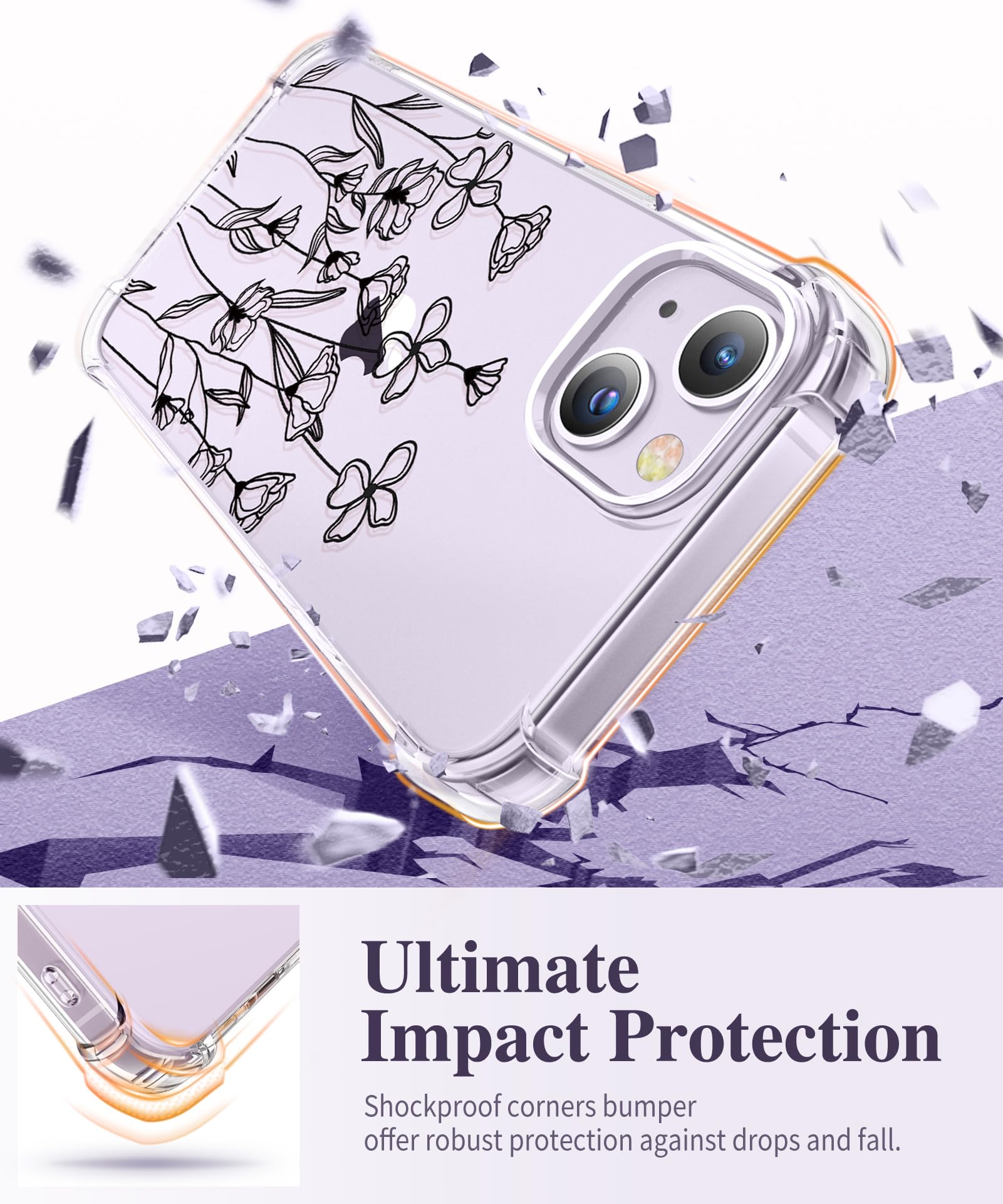 Gviewin For Iphone 14 Case Floral, With Screen Protector + Camera Lens Protector,[Non Yellowing] Soft Shockproof Clear Phone Pro