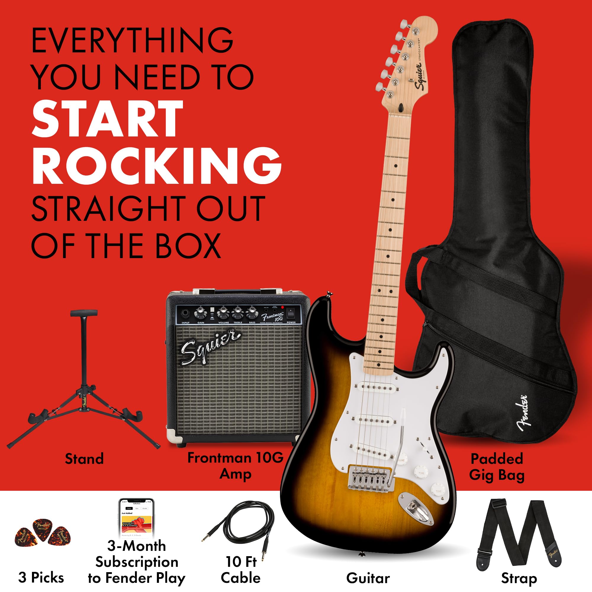 Squier Sonic Series Stratocaster Pack   2 Color Sunburst