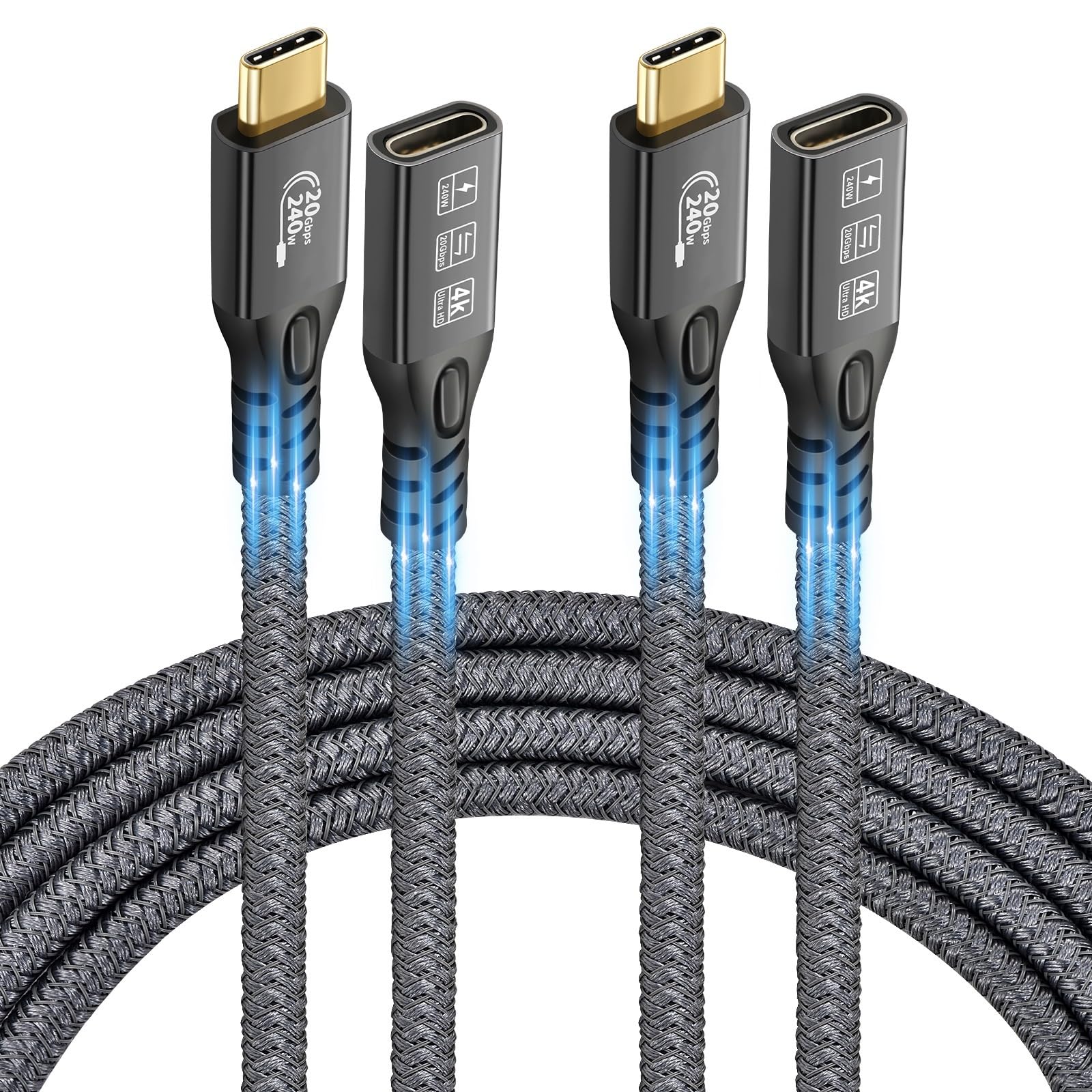Usb C 3.2 Extension Cable, 2 X 20Gbps Usb 3.2 Gen2 Type C Male To Female Extender Cable Ultra Hd 4K@60Hz 240W Charging Data Transfer Compatible With External Ssd (2, 2 X Extension 20G 240W 0.25M)