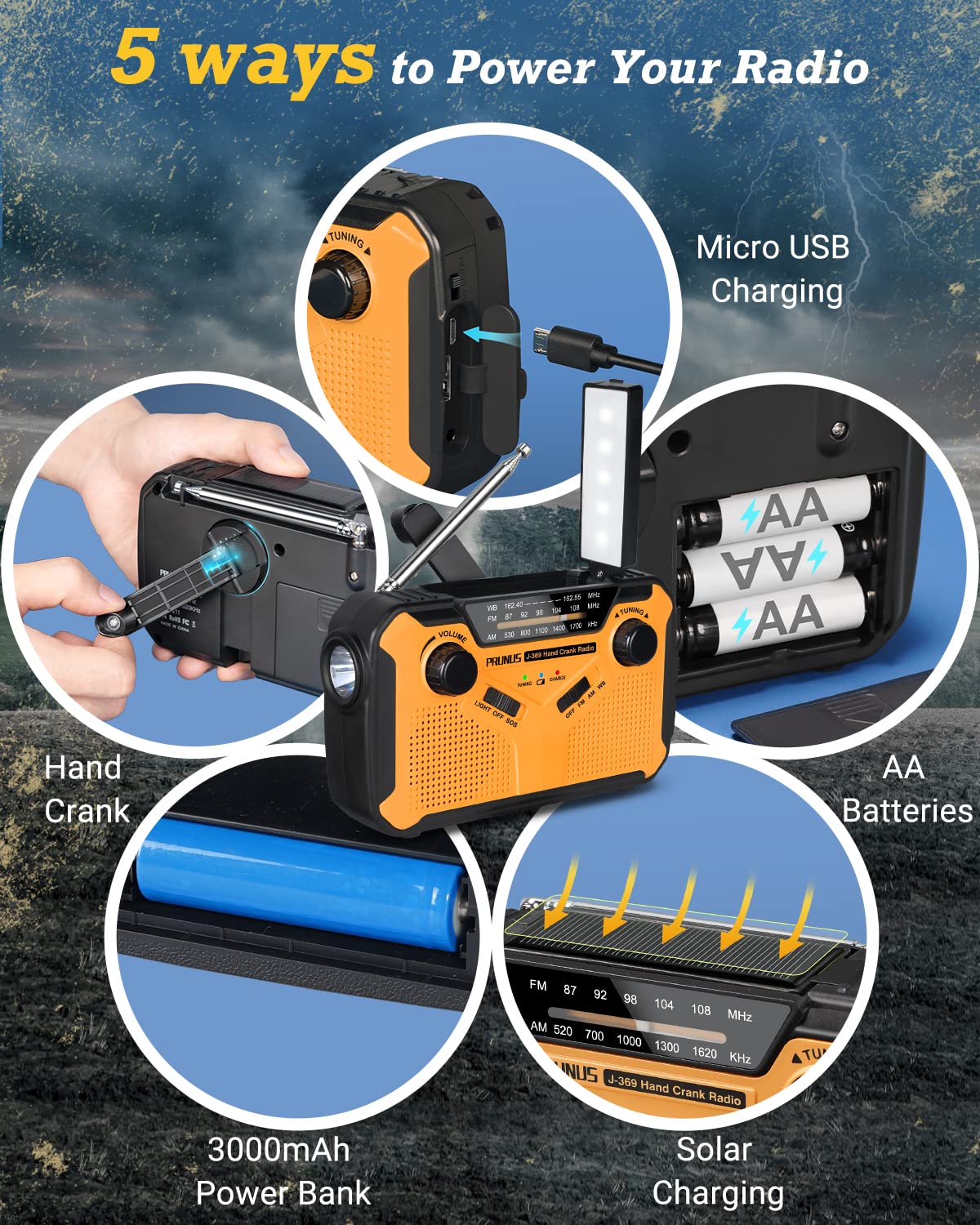 Prunus J 369 11100Mwh Emergency Weather Radio, Aa Batteries/Hand Crank/Solar/Usb Charging, Noaa/Am/Fm, Led Flashlight And Reading Lamp,Sos Alarm & Flashlight