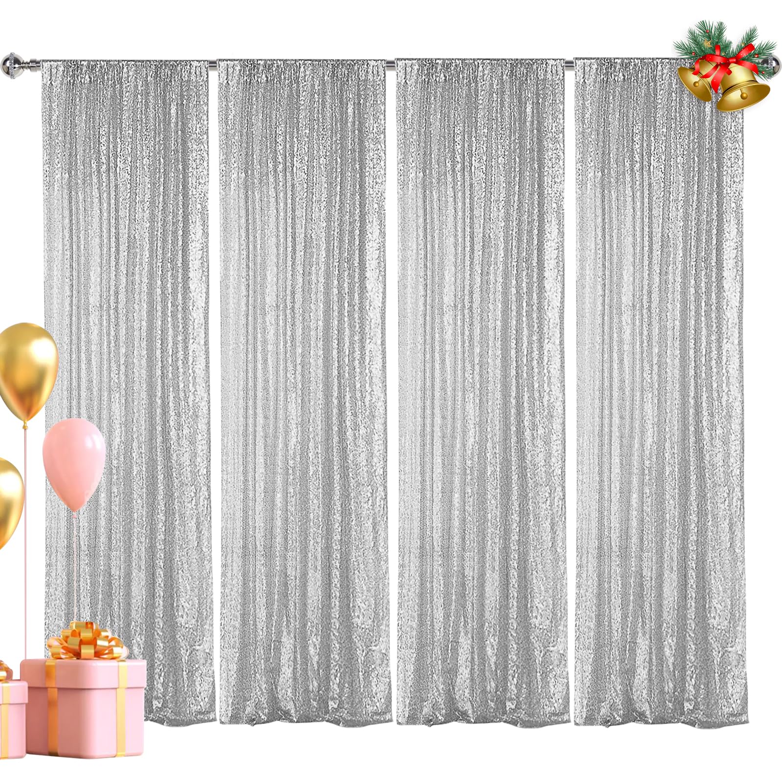 Hahuho Silver Sequin Backdrop Curtain, 4Pcs 2Ftx8Ft Glitter Backdrop Curtain For Parties, Christmas, Wedding, Party Decoration(4