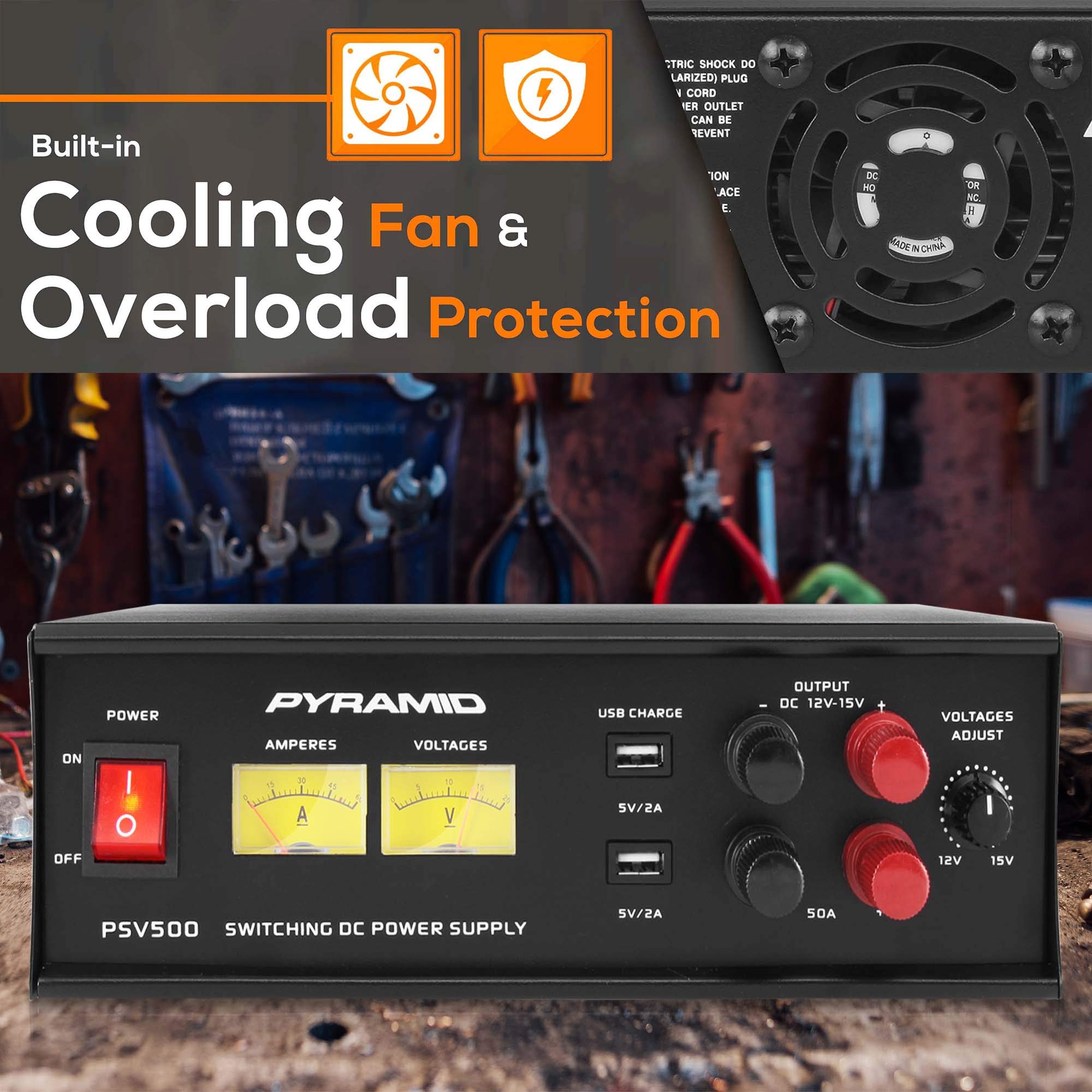 Pyramid Psv500 Universal Compact 50 Amp Adjustable 12 To 15 Volts Output Home Bench Power Converter Supply, With 2 Usb Ports And