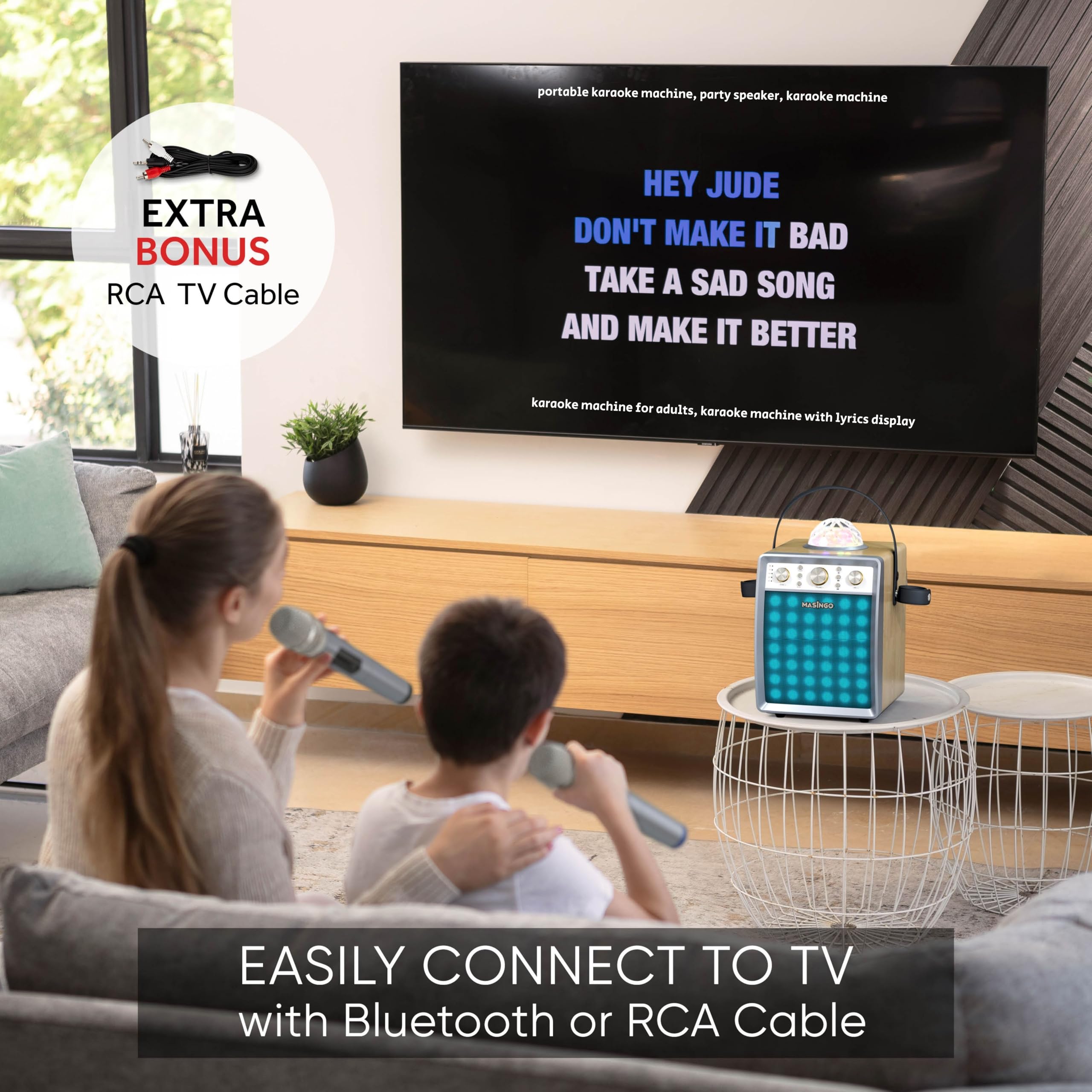 Masingo Karaoke Machine For Adults And Kids With 2 Wireless Microphones, Portable Singing Pa Speaker System Set With Disco Ball