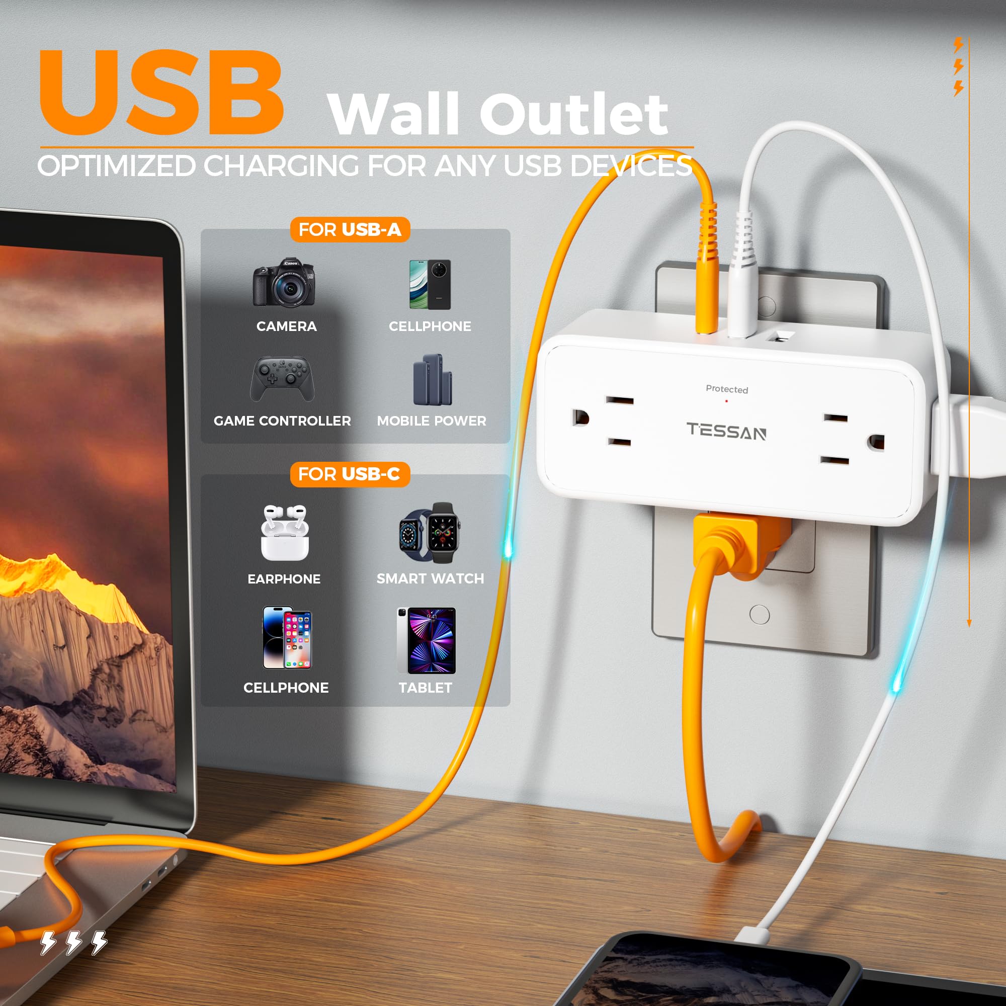 Multi Plug Wall Outlet, Tessan 4 Outlet Extender With 3 Usb (1 Usb C), Multi Plug Surge Protector 900J, Multiple Wall Charger Fo