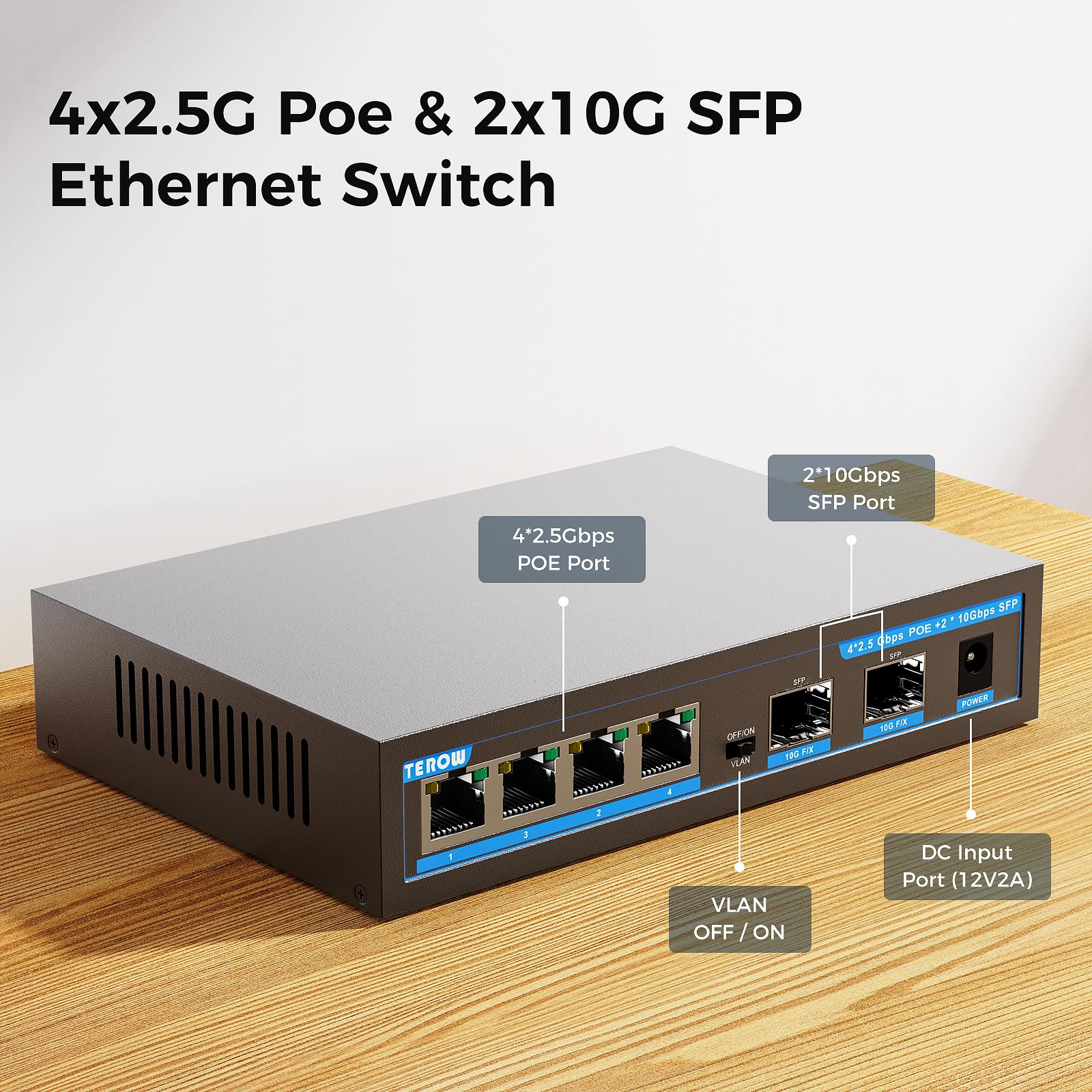 6 Port 2.5G Poe Ethernet Switch Unmanaged , 4 X 2.5G Poe Base T & 2 X 10G Sfp, Multi Speed Network Switch, Compatible With Gigab