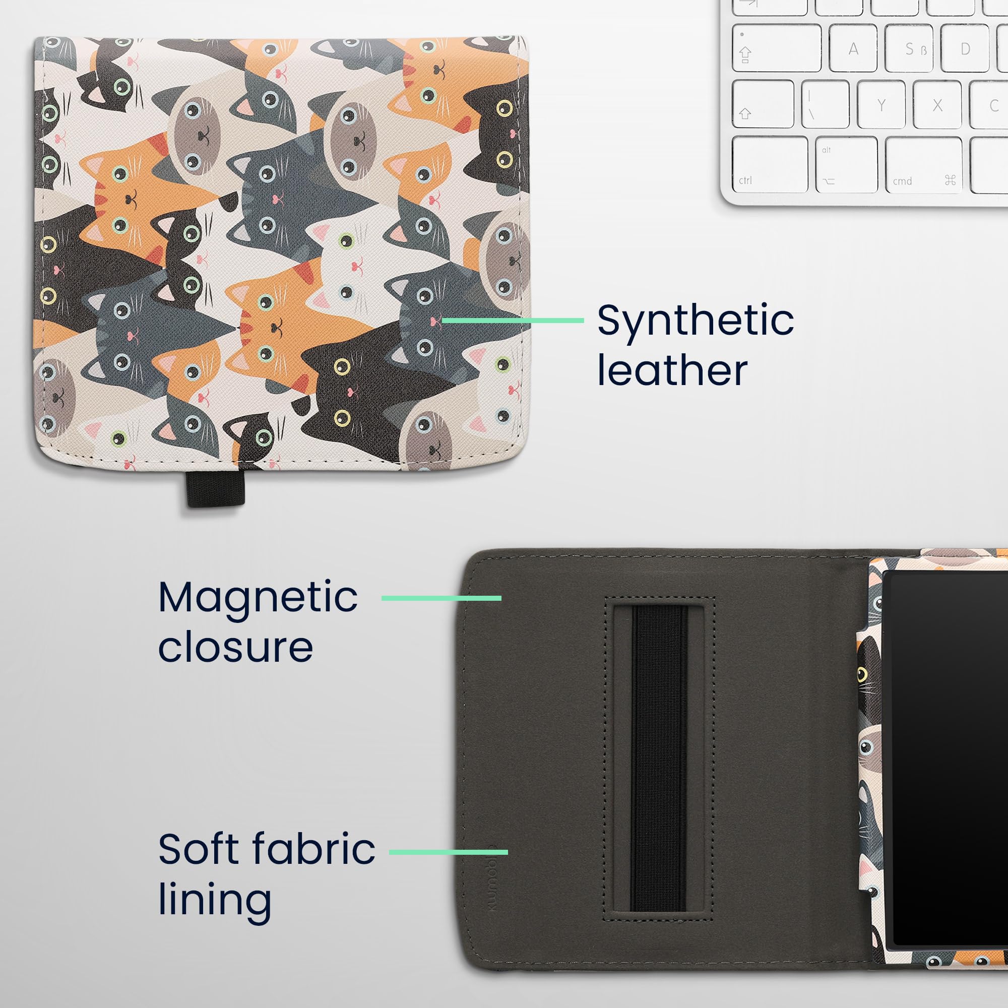 Kwmobile Case Compatible With Pocketbook Era/Era Color   Pu Leather Cover With Magnetic Closure, Strap, Front Pocket   Cats Oran