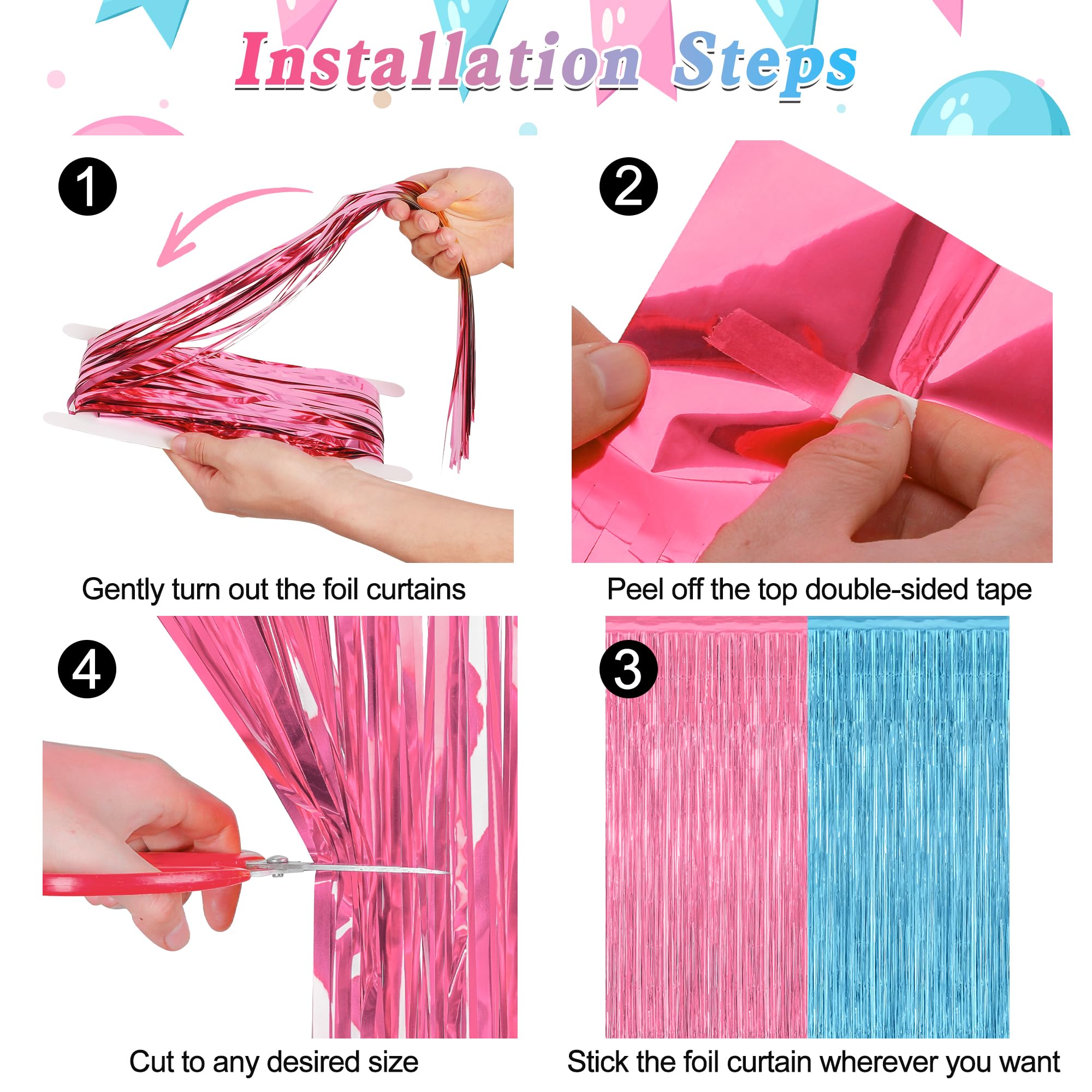 2 Pack Gender Reveal Decorations, 3.28 Ft X 7.05 Ft Pink And Blue Fringe Backdrop, Metallic Boy Or Girl Foil Fringe Curtains Tin