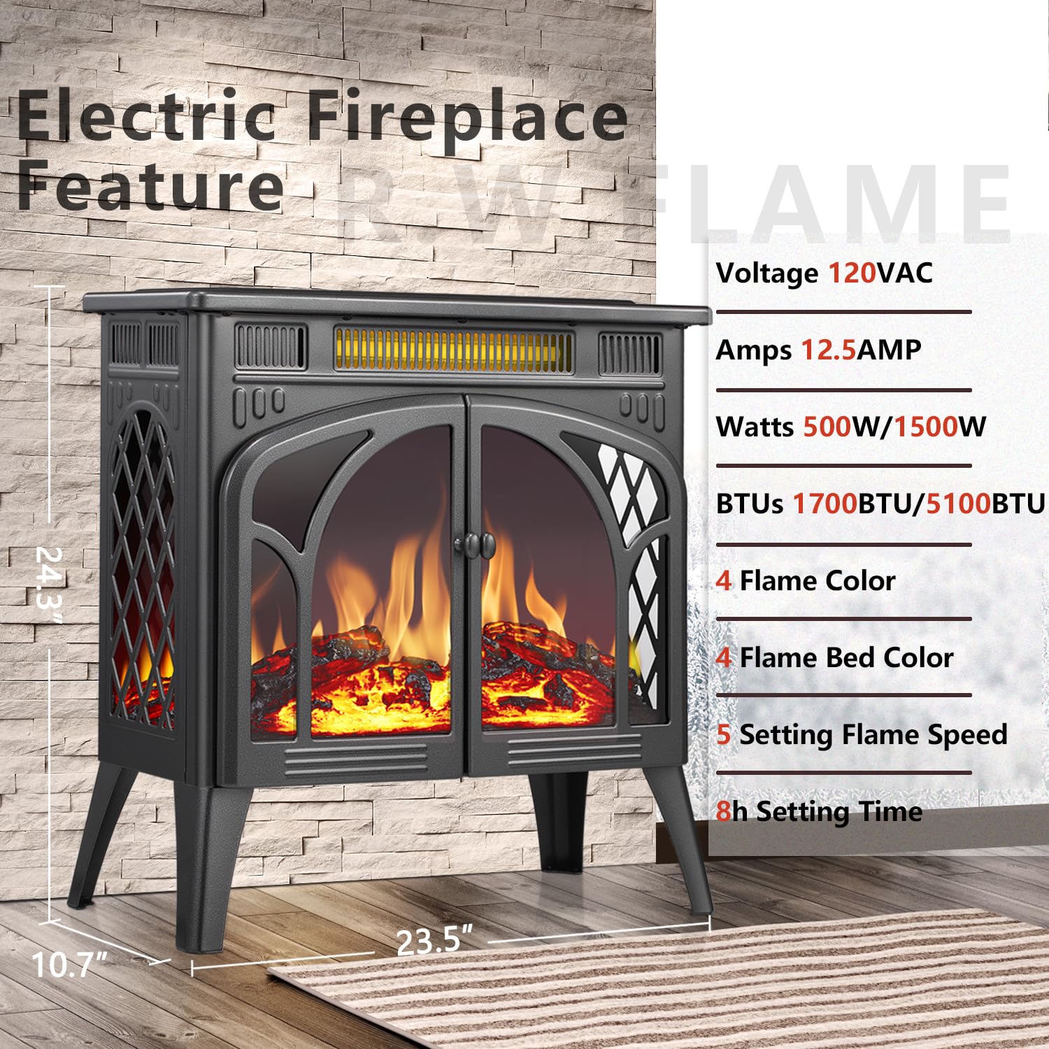 R.W.Flame Electric Fireplace Stove Heater With Remote Control, 25 Fireplace Heater, Adjustable Brightness And Heating Mode, Over