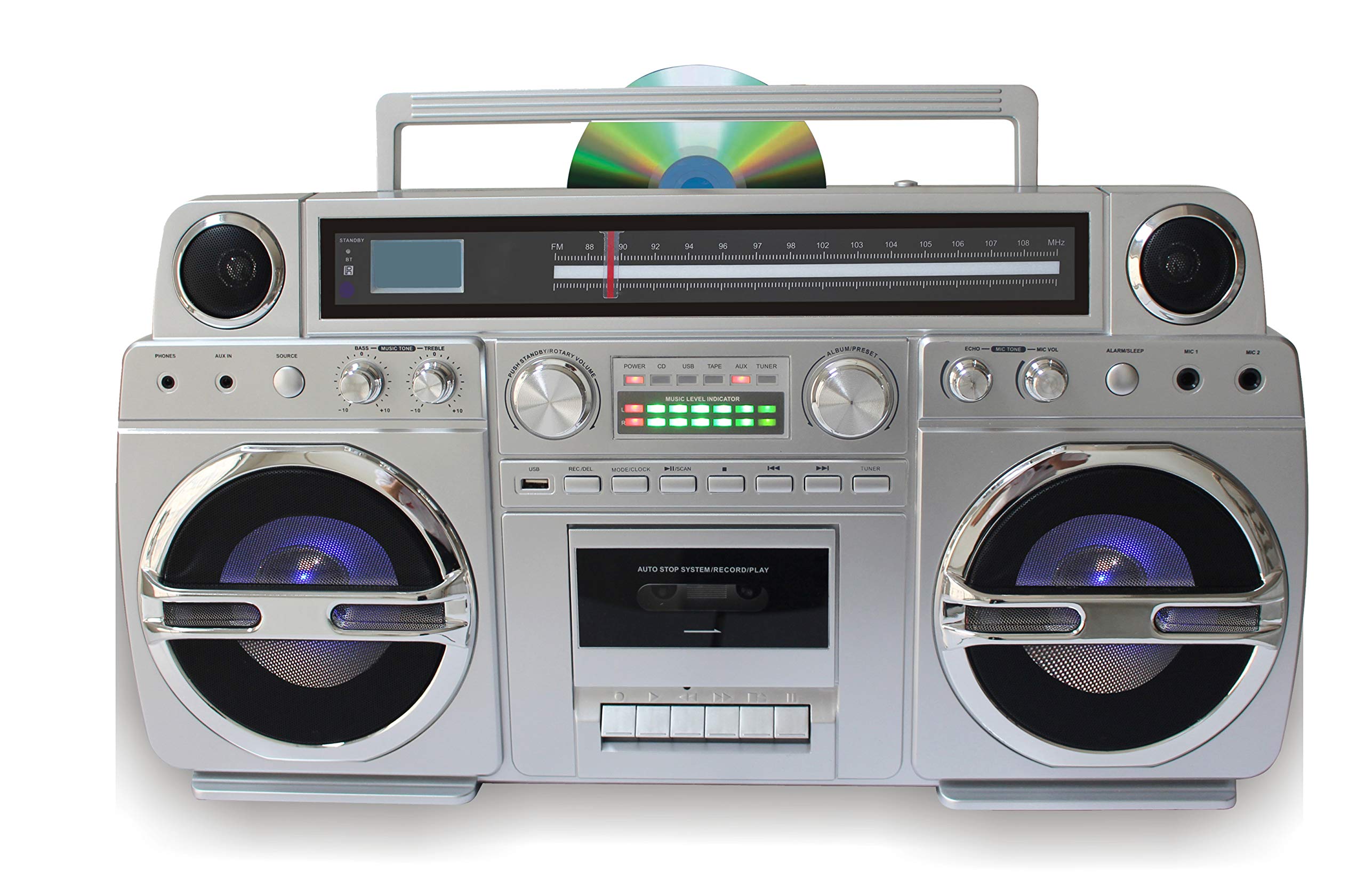TechPlay Monster S 1980S-Style Boom Box CD Player, Cassette Player/Recorder, AM/FM, USB, Bluetooth Speaker with Built-in Recharg