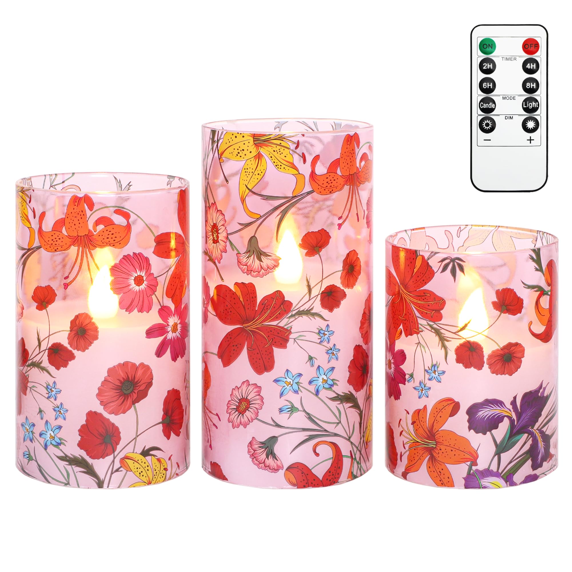 REVELBUNNY Flameless Candles Glass with Remote Control & Timer Function, Red Multicolor Flower Design LED Candles, Home Party We