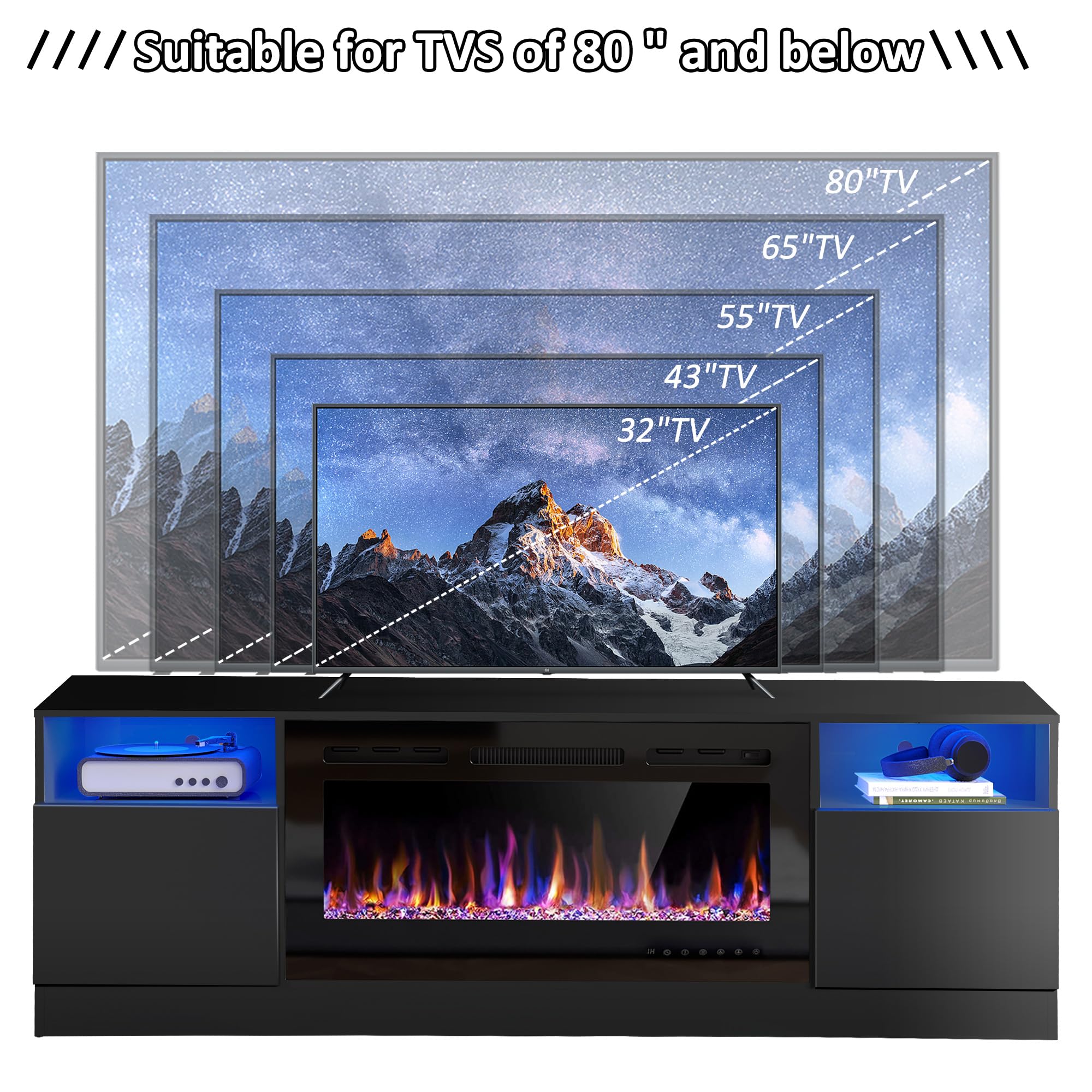 Ahb 70'' Fireplace Tv Stand For Tvs Up To 80'' With 36'' Electric Fireplace, Tv Console For The Living Room, Led Light Entertain