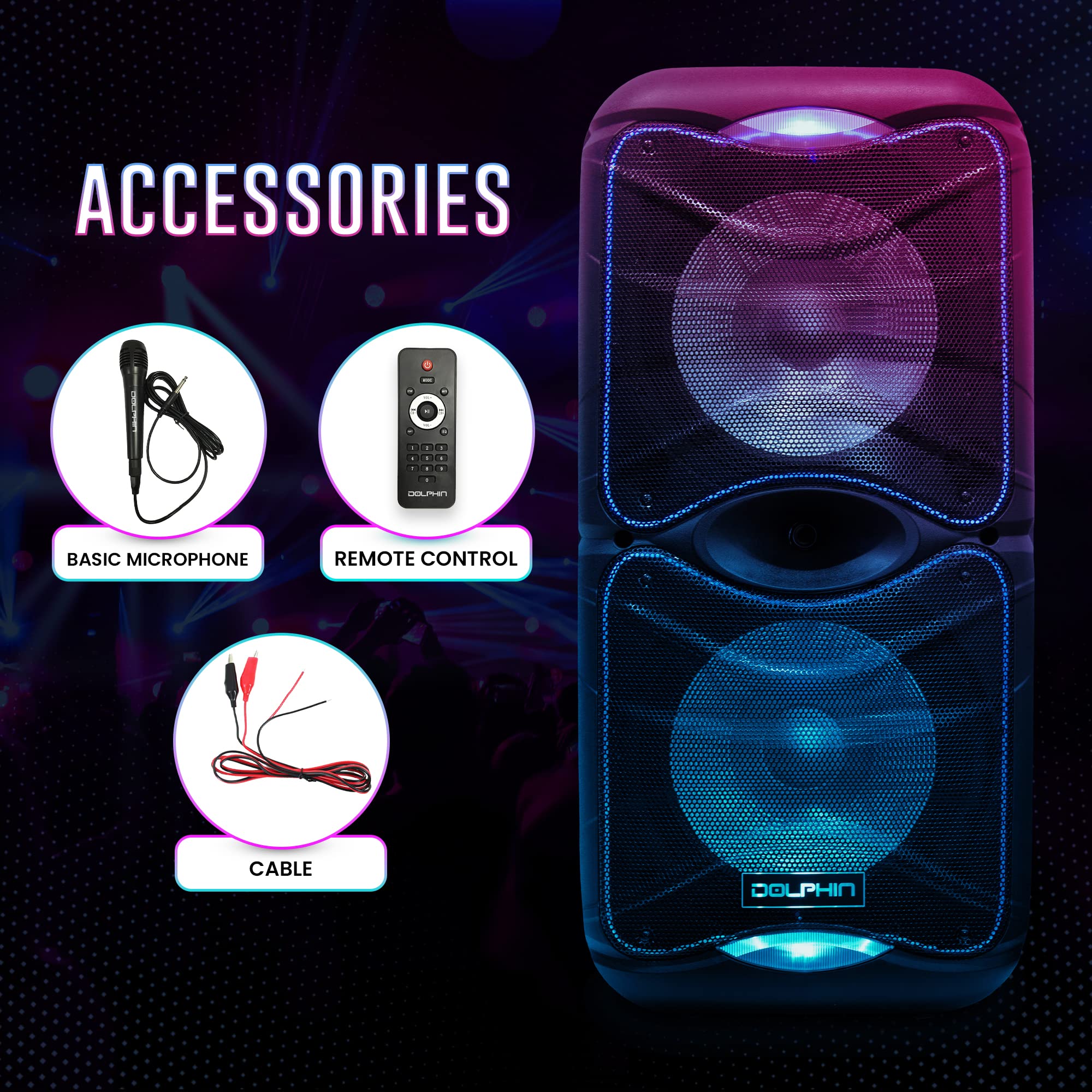 Dolphin Sp 212Rbt Portable Bluetooth Party Speaker With Lights And Pa System With Expandable Battery