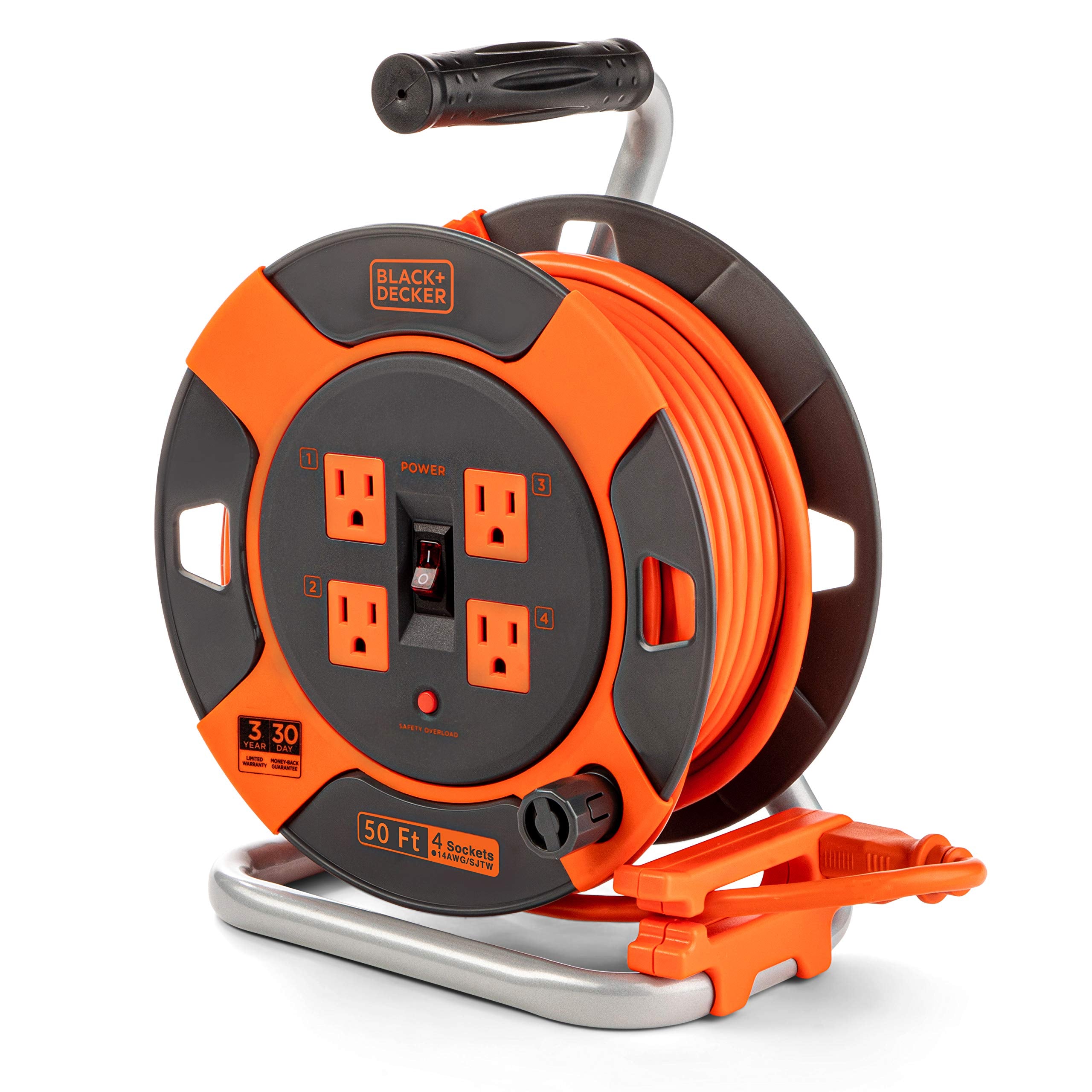 Black+Decker 50 Ft. Retractable Extension Cord Reel With 4 Outlets, Multi Plug Extension, Easy Handle Rewind & Heavy Duty 14Awg