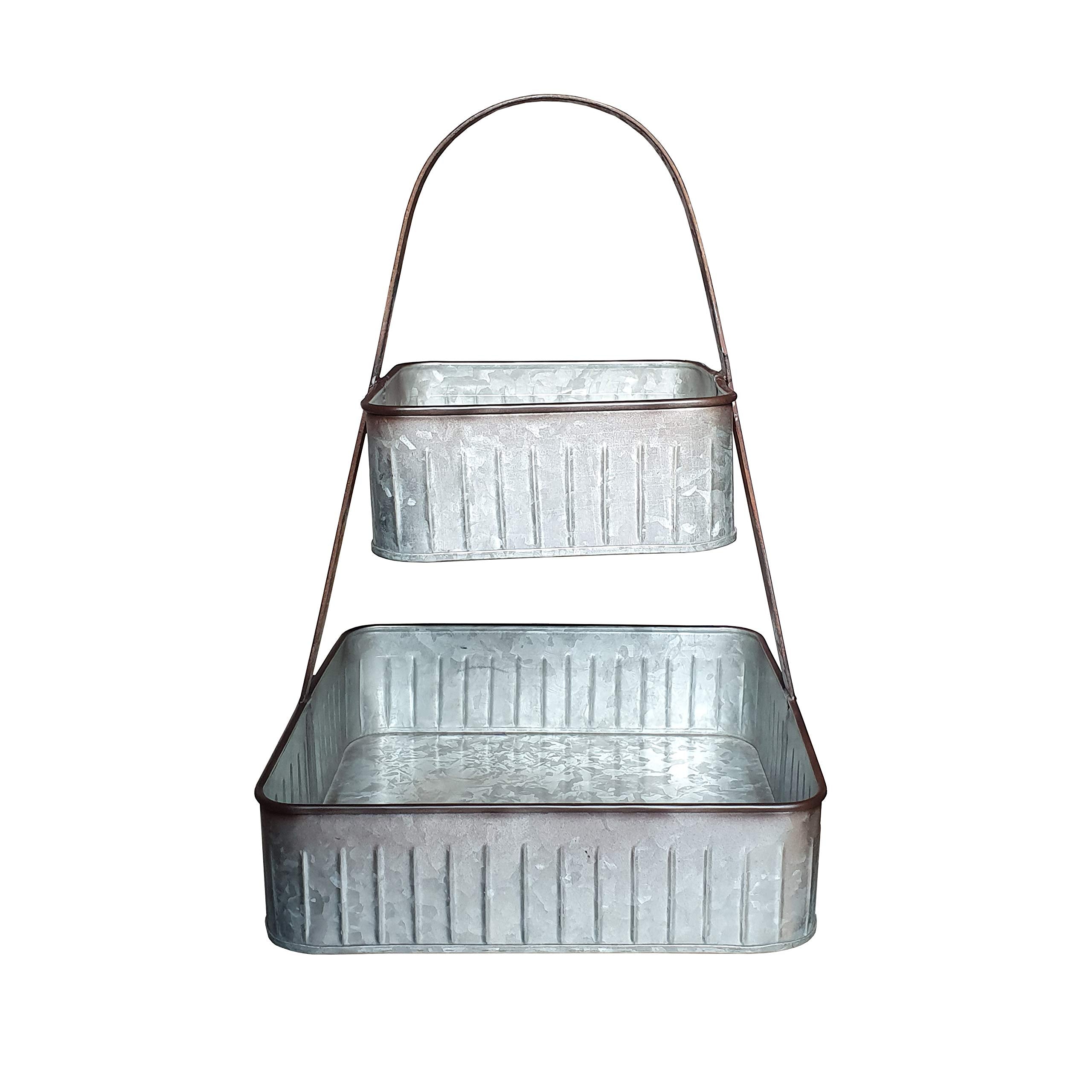 2 Tier Square Galvanized Metal Corrugated Tray with Arched Handle
