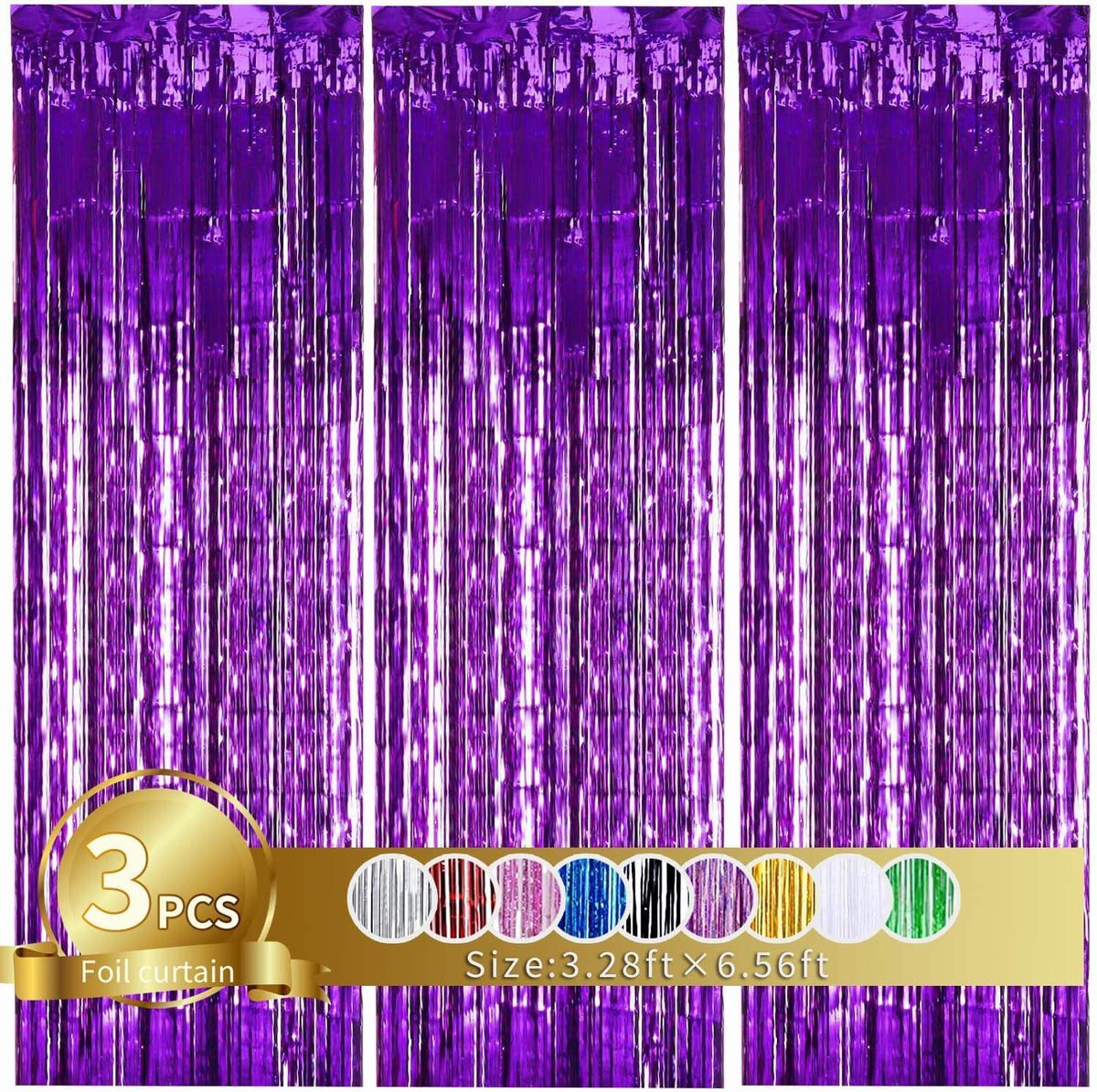 Toniful 3Pcs Purple Door Streamers,3.28Ft X 6.56Ft Purple Photo Booth Backdrop Metallic Streamers Purple Foil Fringe Curtains Fo