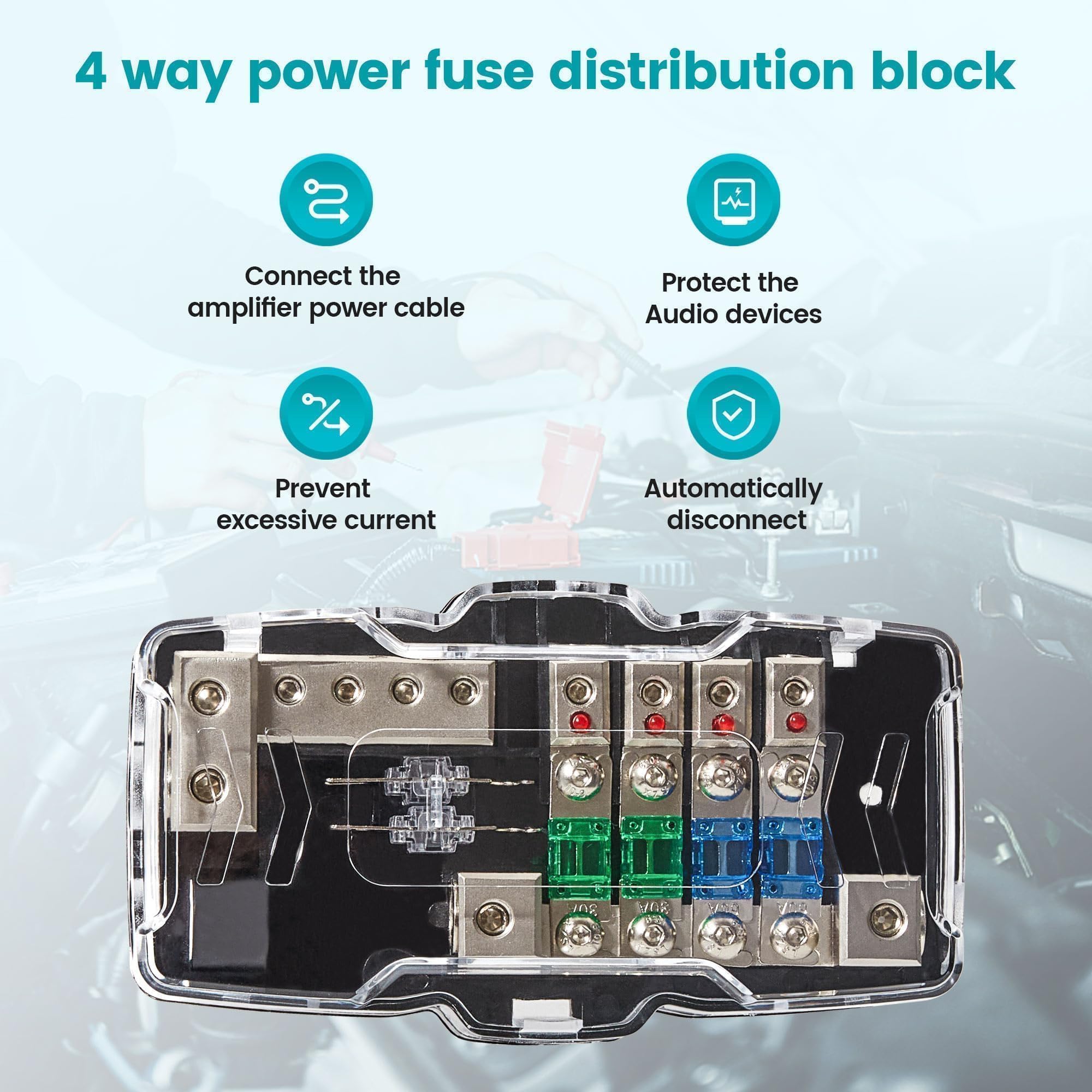 Nuith Car Audio Power Distribution Block 0/4 Gauge Input 4/8 Gauge Output, 4 Way Mini Anl Fuse Block 12V With Ground, 2 Way In 4