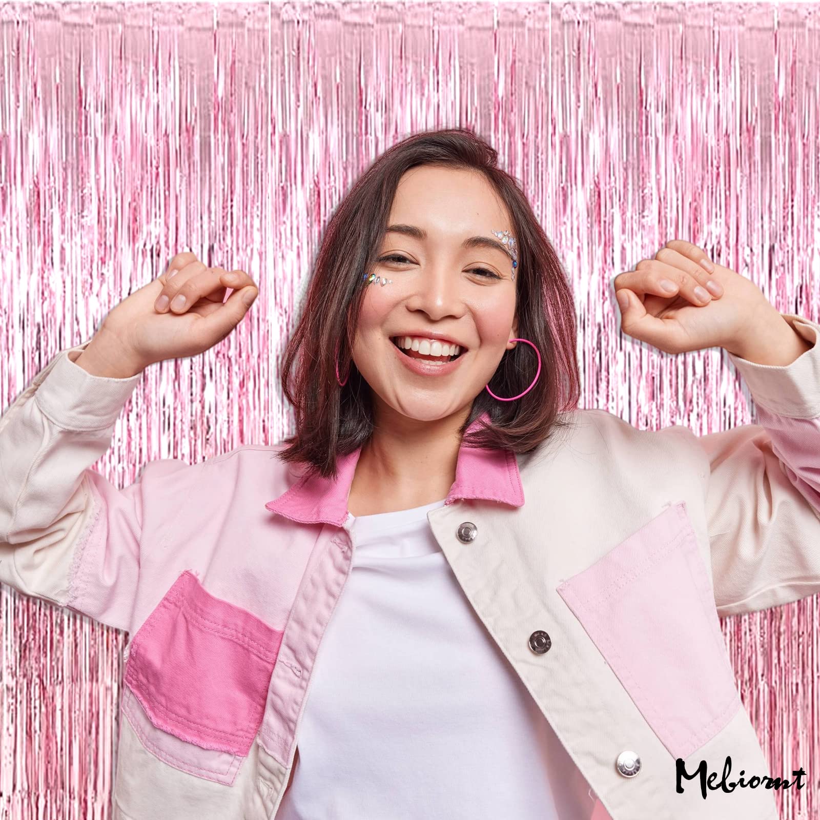 4 Pack Pink Fringe Curtain Backdrop, 3.2Ft X 8.2Ft Metallic Tinsel Foil Fringe Streamers Curtains Background For Photo Booth Bir