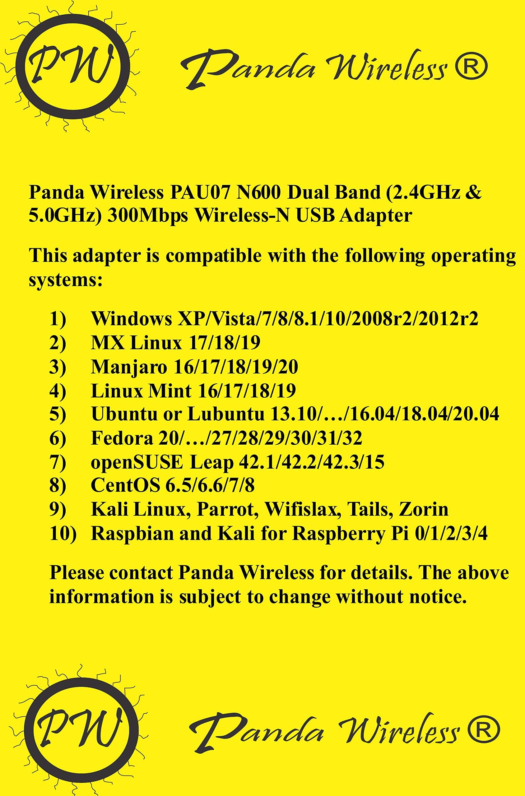 Panda Wireless� N600 Dual Band (2.4Ghz & 5.0Ghz) 300Mbps Wireless N Usb Adapter W/Wps Button   Windows Xp/Vista/7/8/10/11, Zorin, Mint, Ubuntu, Opensuse, Fedora, Centos & Kali Linux