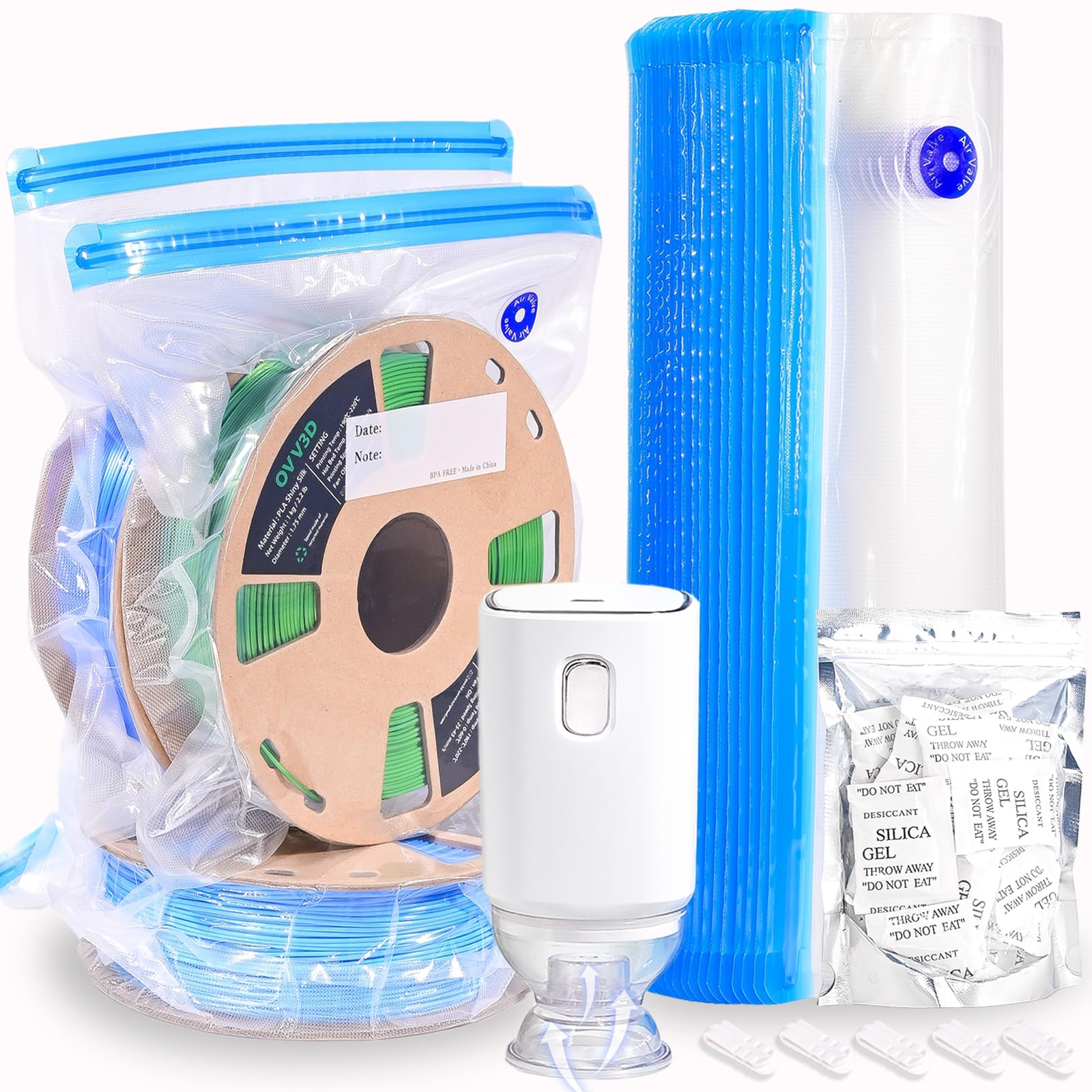 Ovv3D Filament Storage Bags Kit 66Pcs, 3D Printer Filament Storage 30 Bags Vacuum Sealed Kit With 30Pcs Desiccant, Auto Pump, Pe