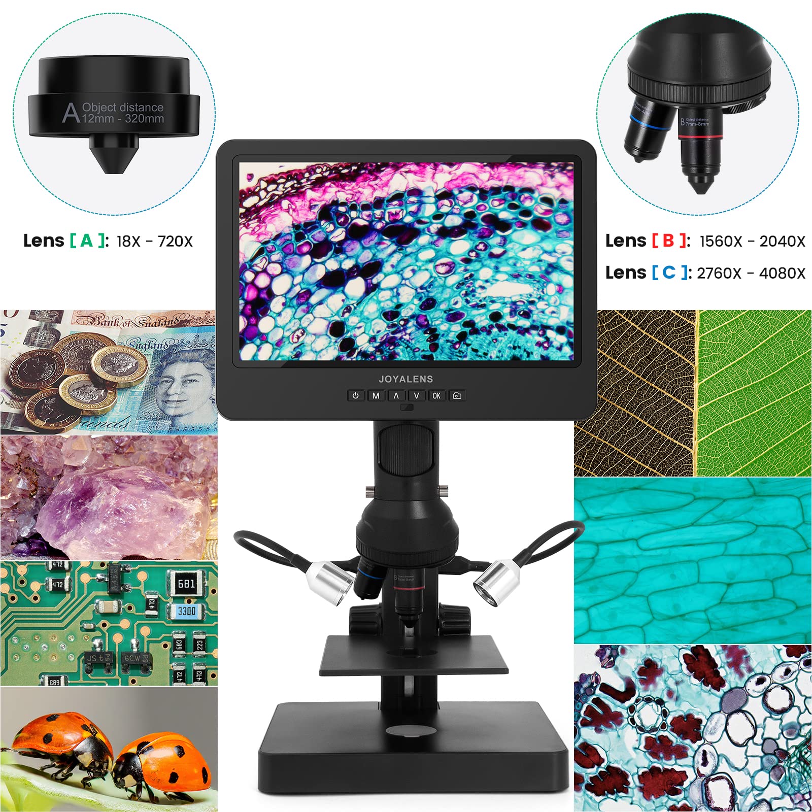 Joyalens Jl249Ps 3 Lenses 10 Inch Hdmi Lcd Digital Microscope, Uhd 4000   24Mp Biological Microscope With Prepared Slides, Coin