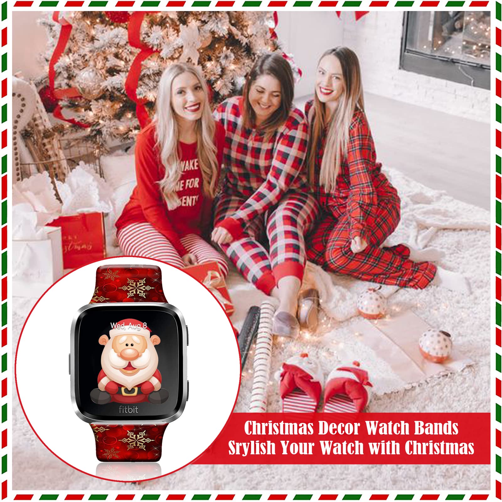 Ftfcase Christmas Silicone Sport Bands Compatible With Fitbit Versa/Versa 2/Versa Versa Se For Women Men, Red Christmas Snowflak