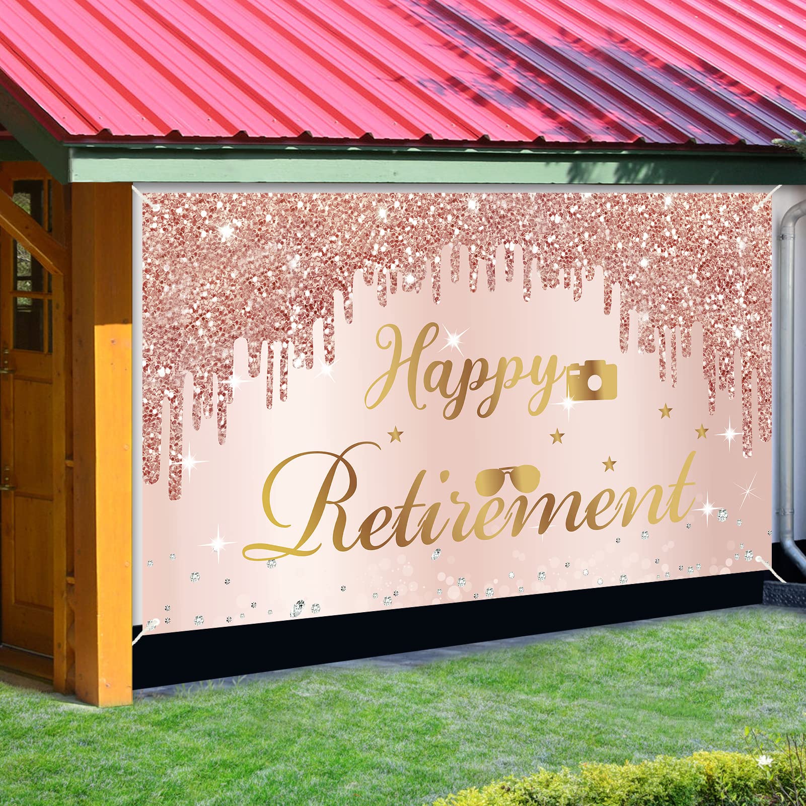 Happy Retirement Party Banner Backdrop Decorations For Women, Pink Rose Gold Retirement Theme Party Supplies, Extra Large Retire