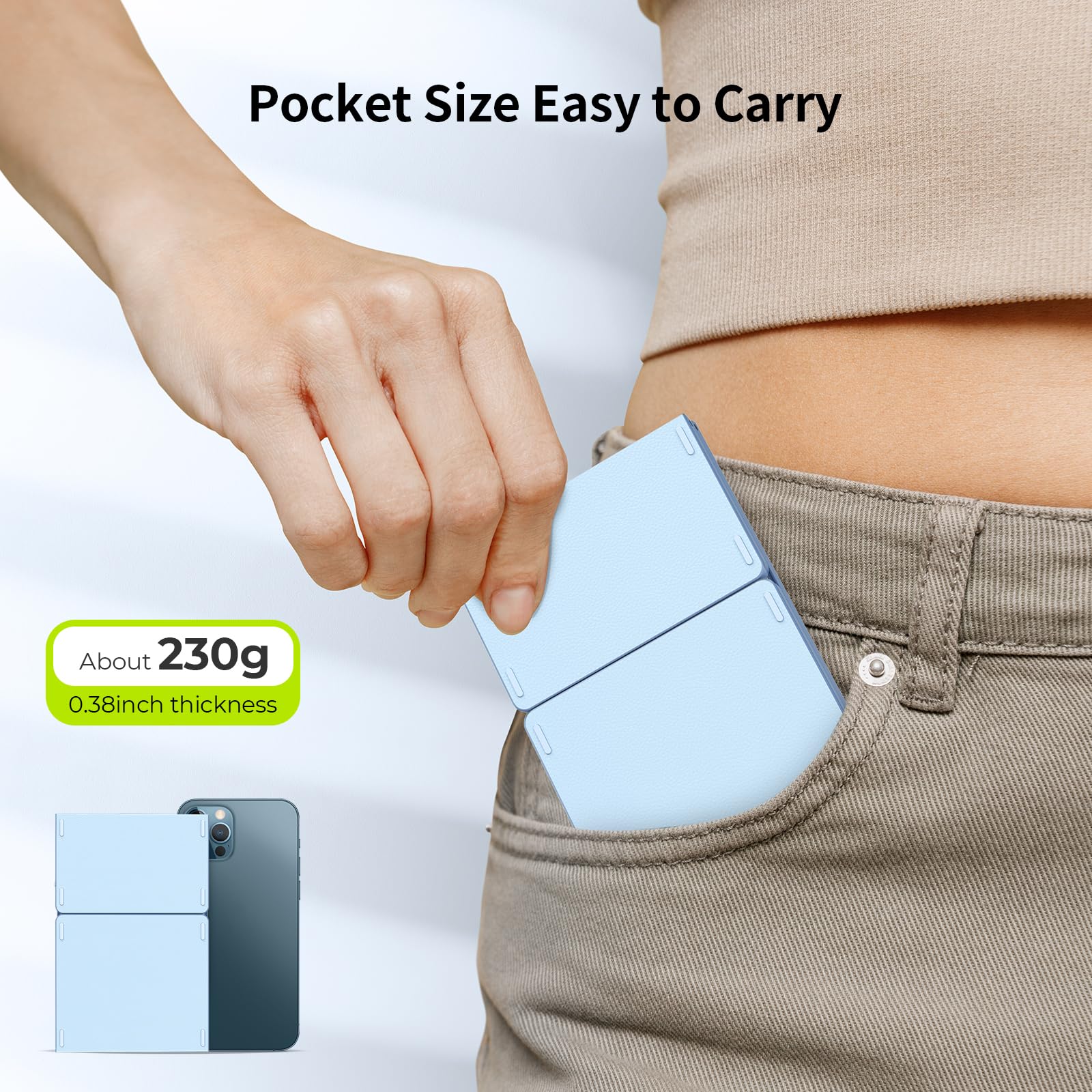 Seenda Foldable Bluetooth Keyboard For Travel, Tri Folding Wireless Rechargeable Multi Device Portable Keyboard With Touchpad, For Laptop Ipad Tablet Pc Smartphone Windows Ios Android, Blue