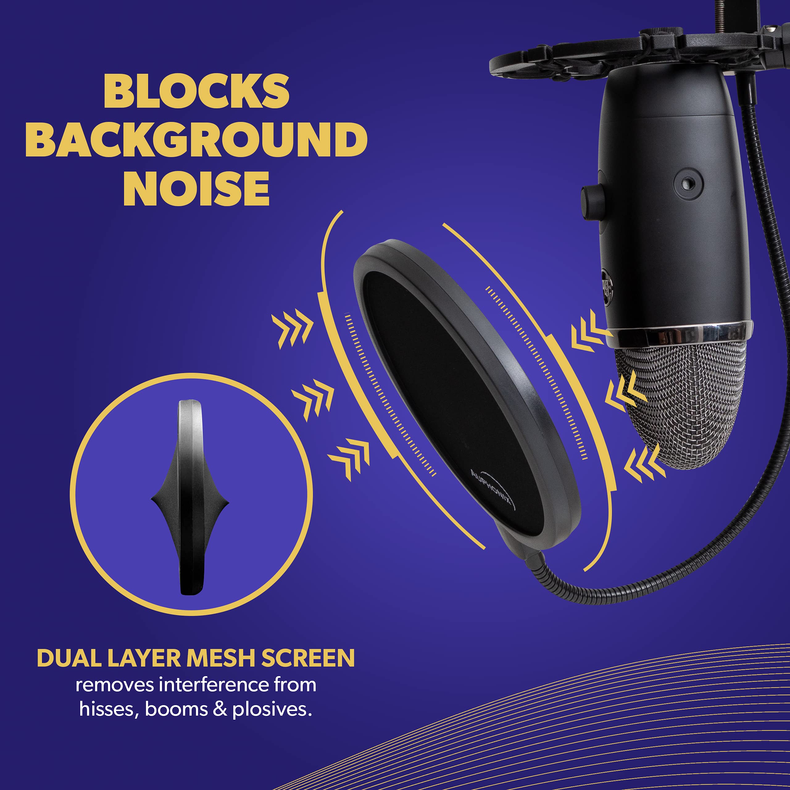 Auphonix Pop Filter Screen For Microphones   Gooseneck Clamps Compatible With Blue Yeti Microphone   Great Gift